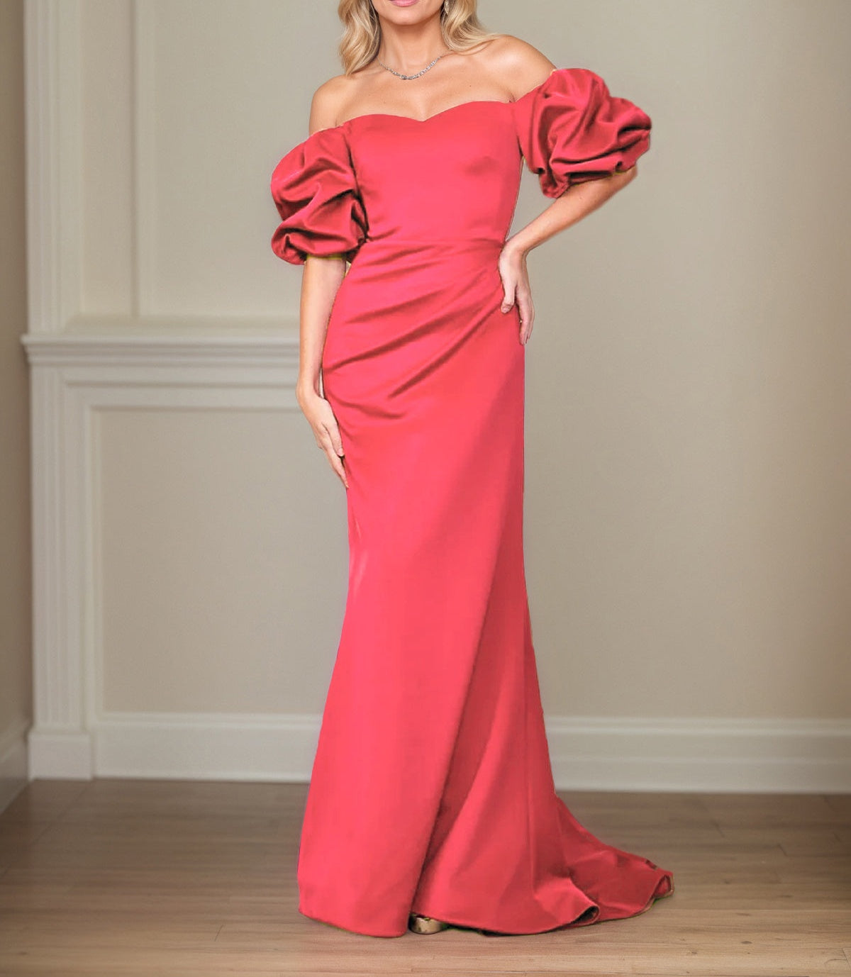 Satin Sheath/Column Off The Shoulder Puff Sleeves Floor Length Mother of the Bride Dresses