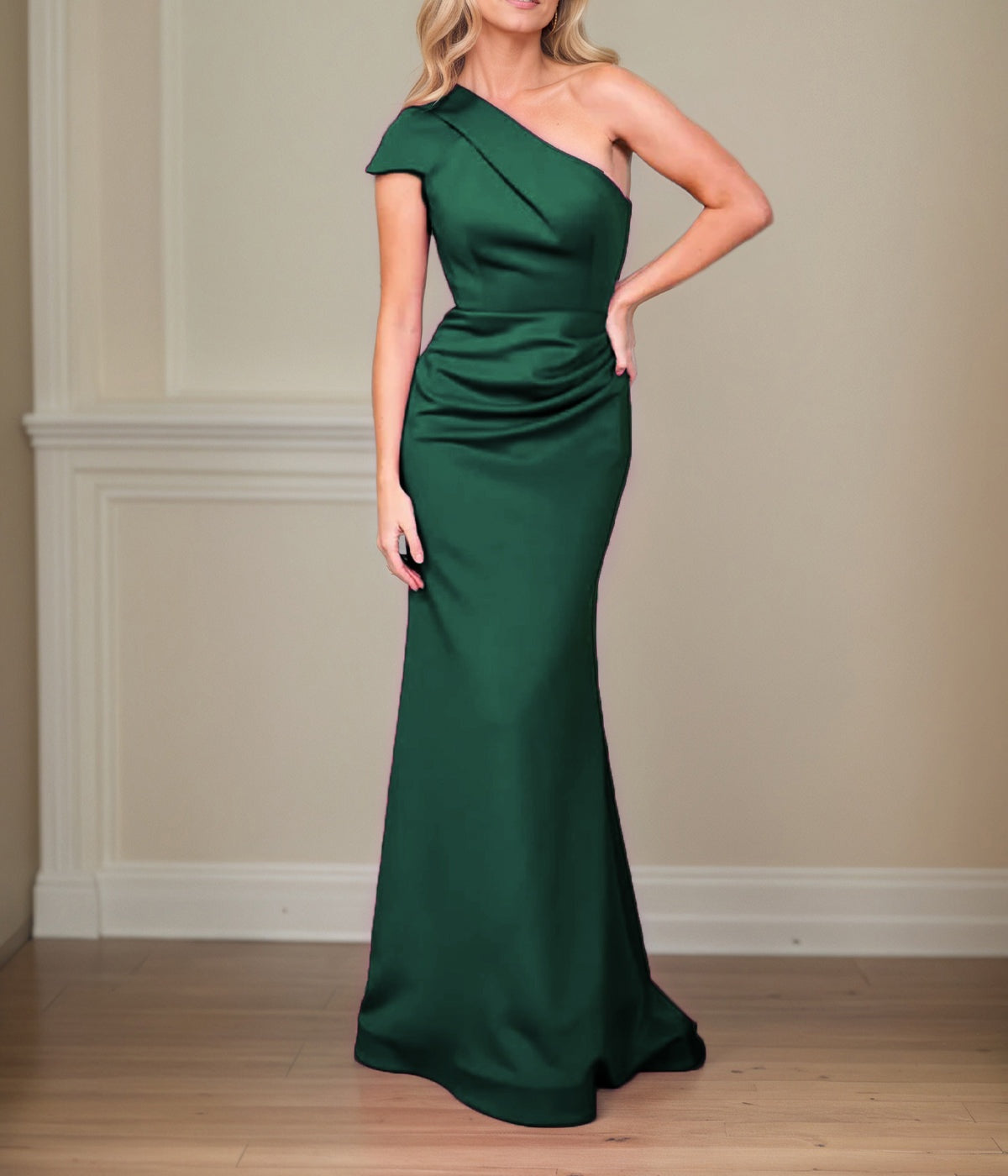 Satin Sheath/Column One Shoulder Short Sleeves Floor Length Mother of the Bride Dresses