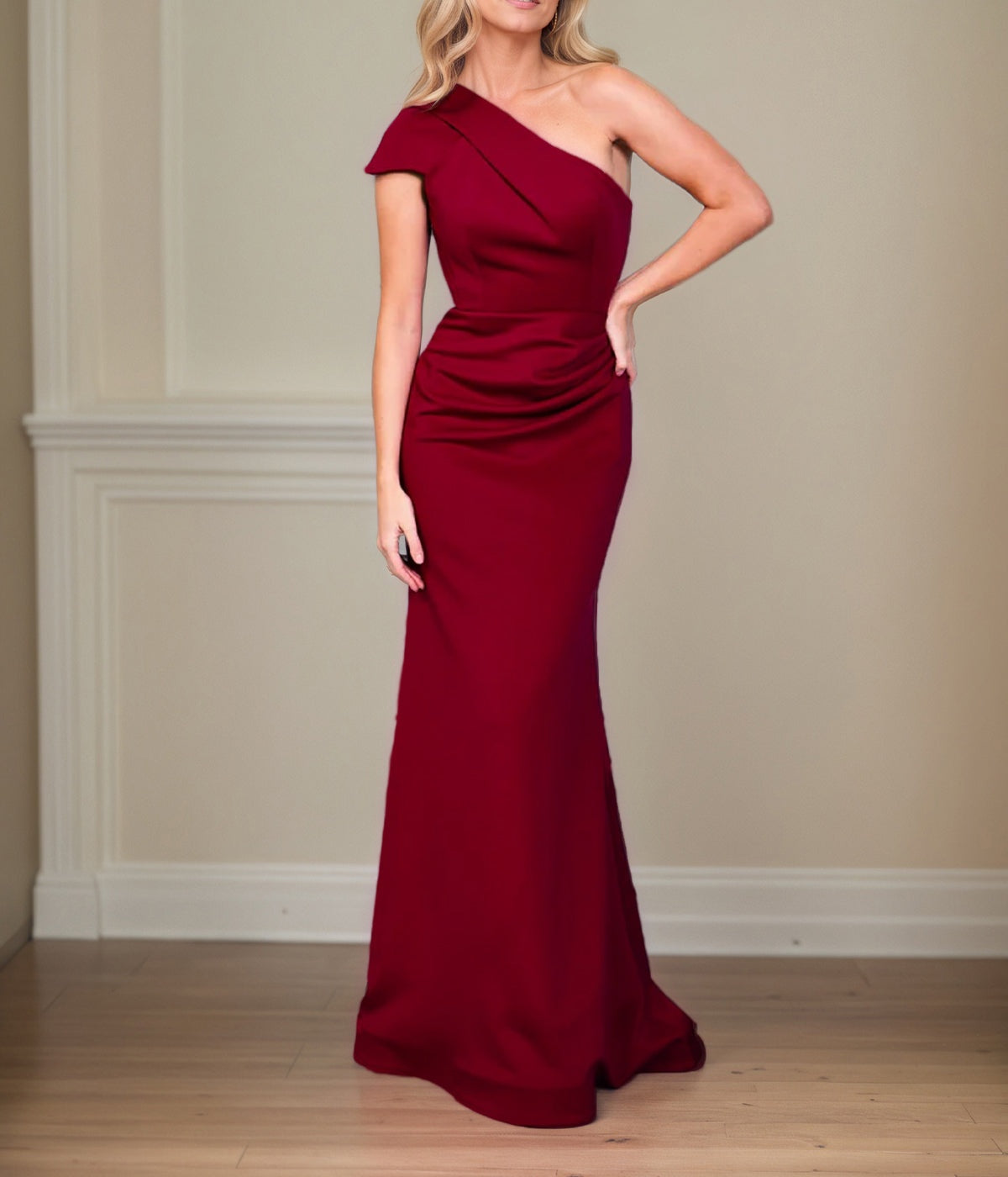 Satin Sheath/Column One Shoulder Short Sleeves Floor Length Mother of the Bride Dresses