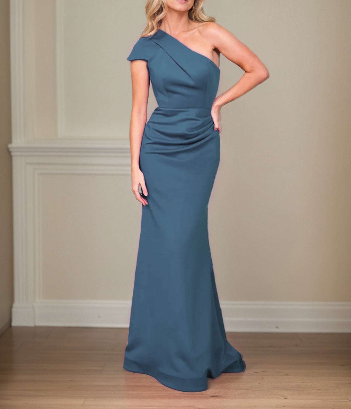 Satin Sheath/Column One Shoulder Short Sleeves Floor Length Mother of the Bride Dresses