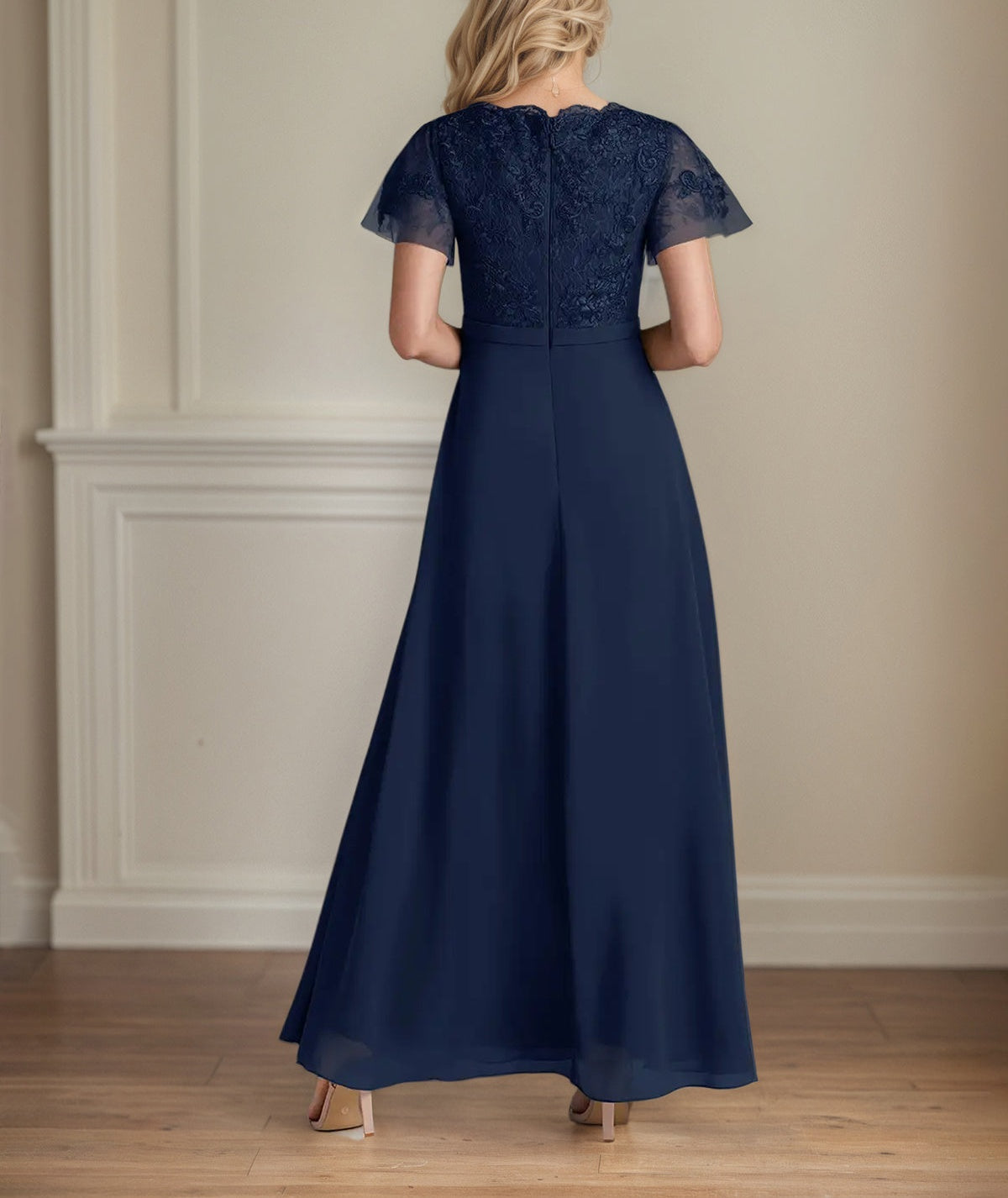 A Line Chiffon V Neck Short Sleeves Floor Length Mother of the Bride Dresses
