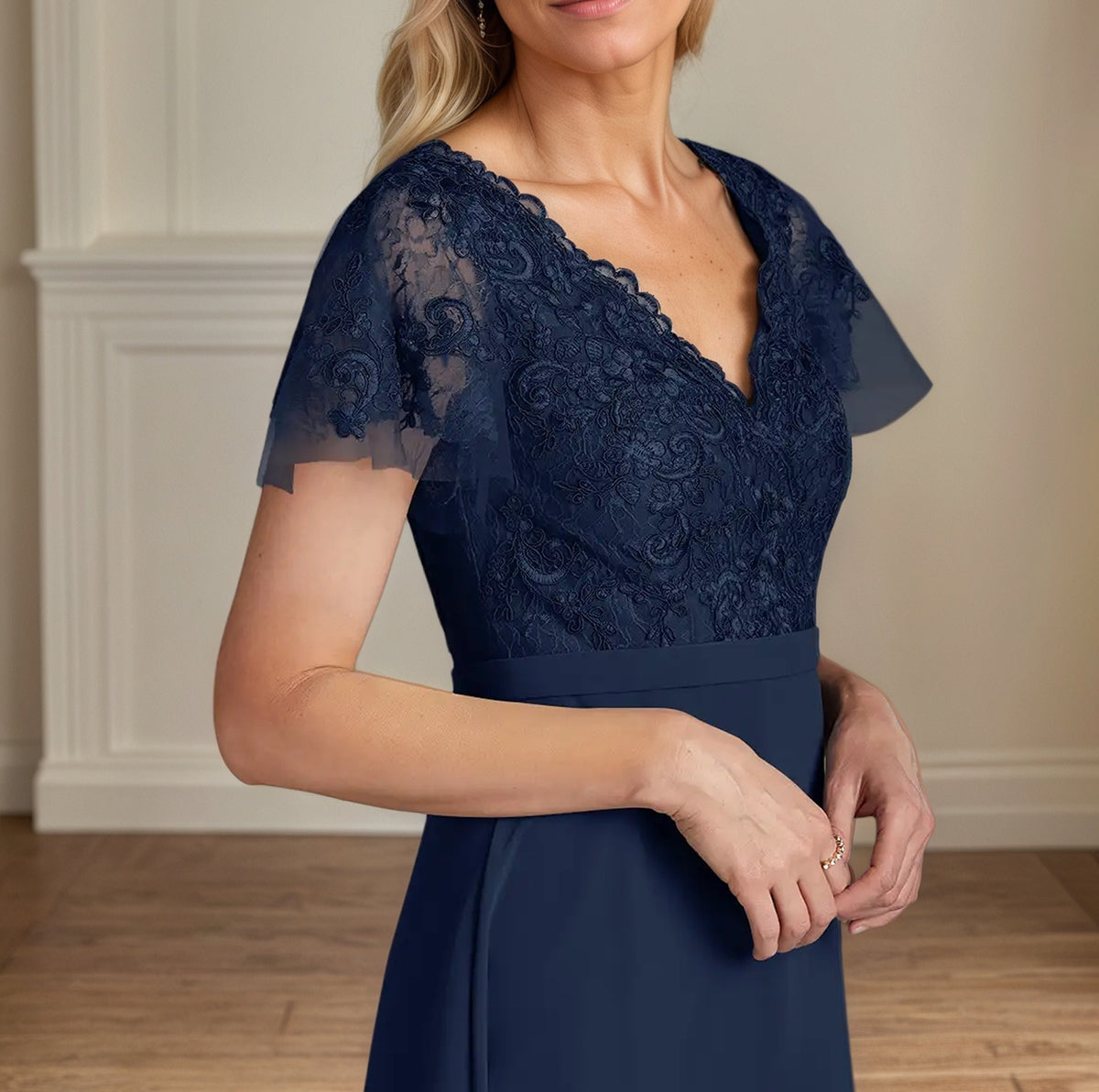 A Line Chiffon V Neck Short Sleeves Floor Length Mother of the Bride Dresses