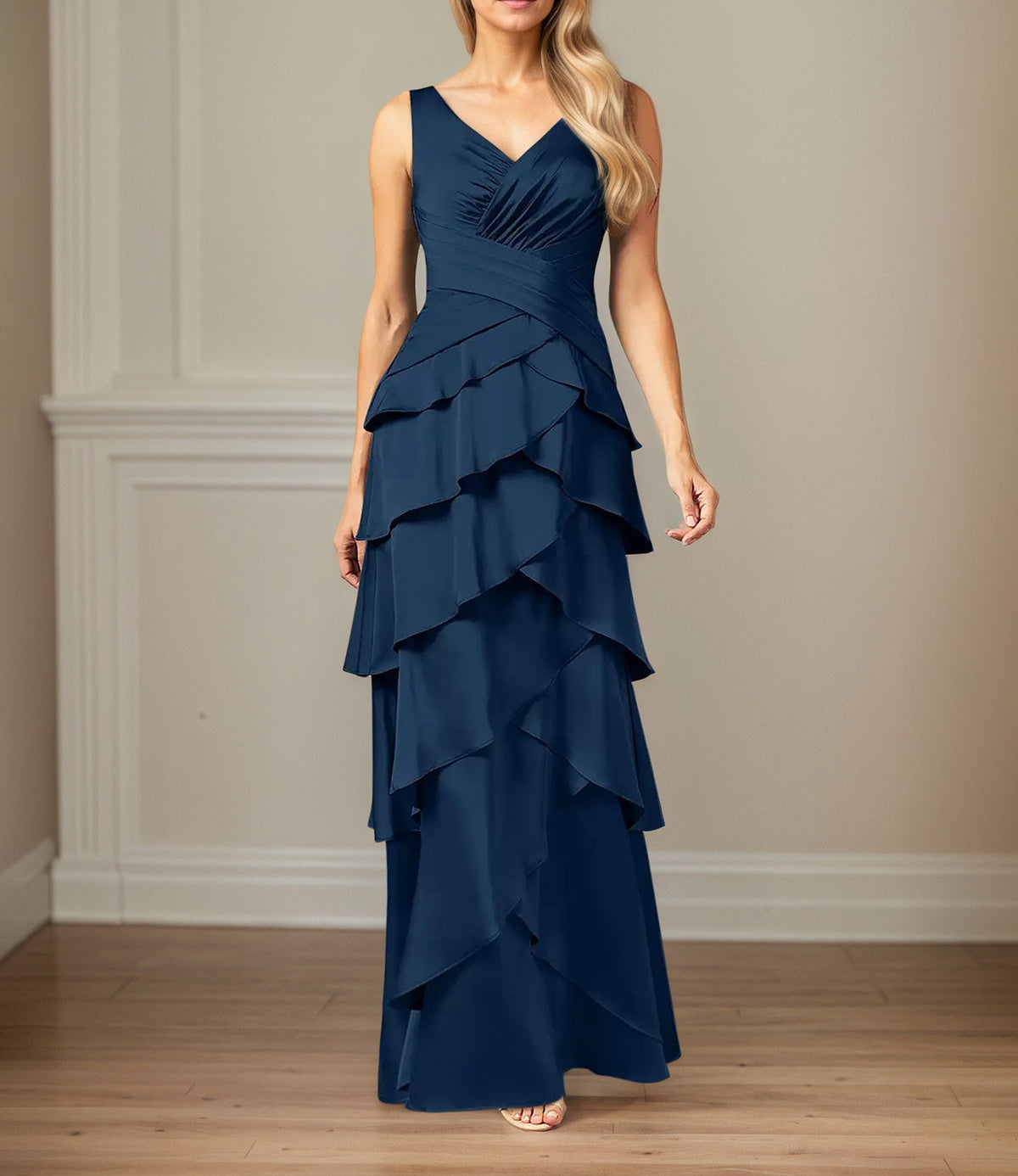 A Line Satin V Neck Sleeveless Floor Length Mother of the Bride Dress With Ruffles