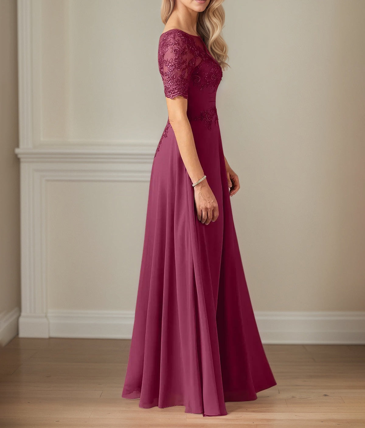 A Line Chiffon Scoop Neck Short Sleeves Floor Length Mother of the Bride Dresses With Appliques