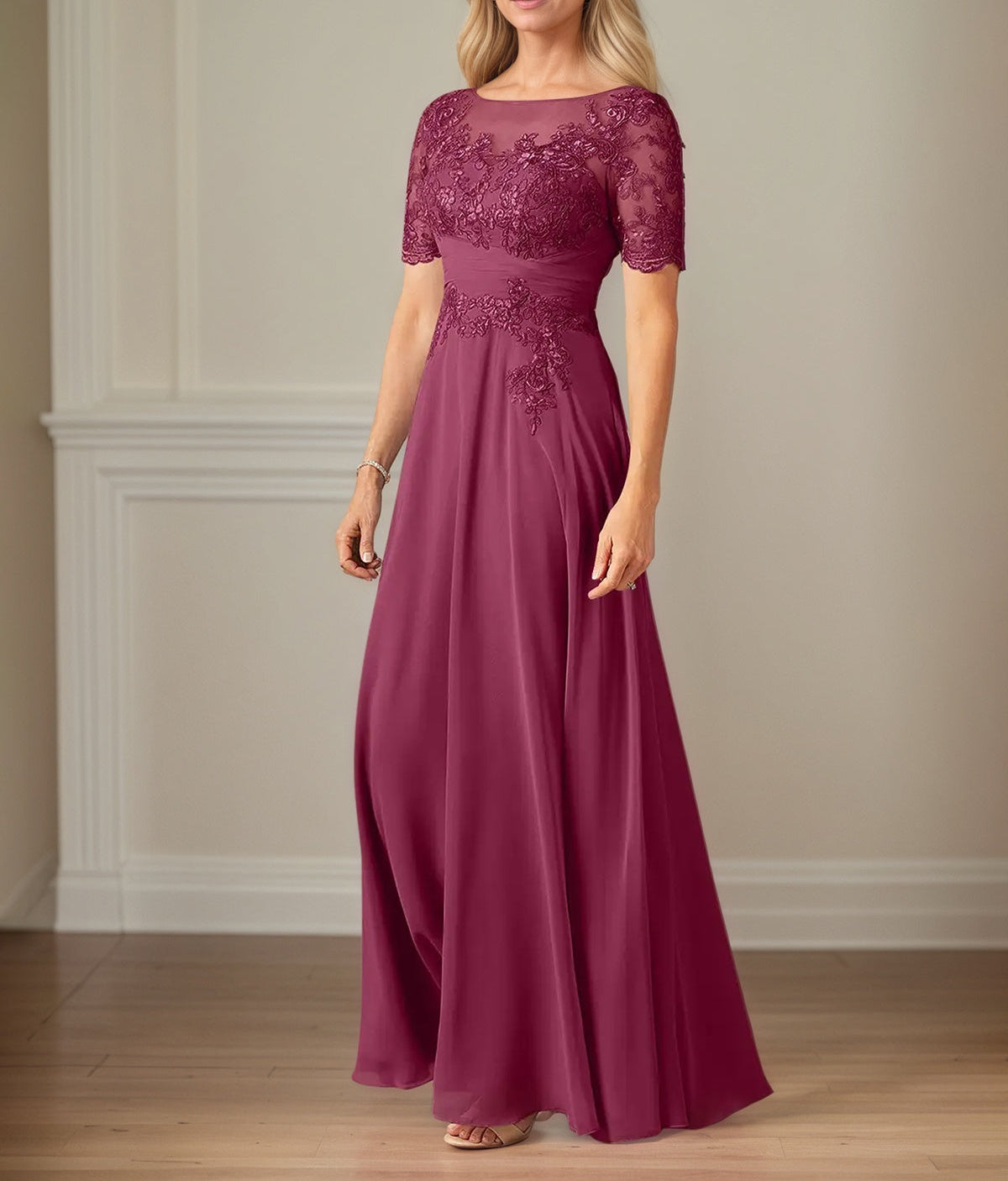 A Line Chiffon Scoop Neck Short Sleeves Floor Length Mother of the Bride Dresses With Appliques