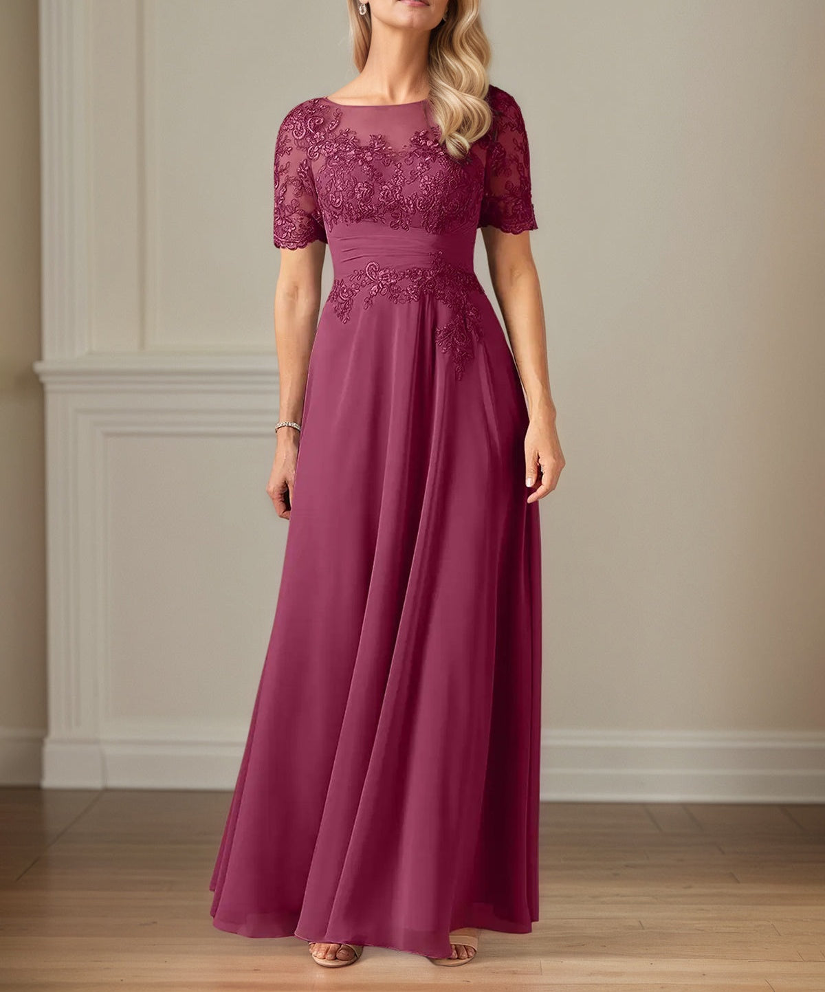 A Line Chiffon Scoop Neck Short Sleeves Floor Length Mother of the Bride Dresses With Appliques