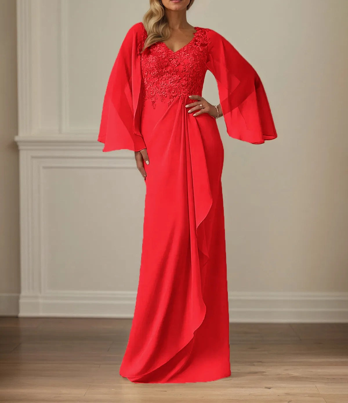 Sheath/Column Chiffon V Neck Long Sleeves Floor Length Mother of the Bride Dresses With Appliques