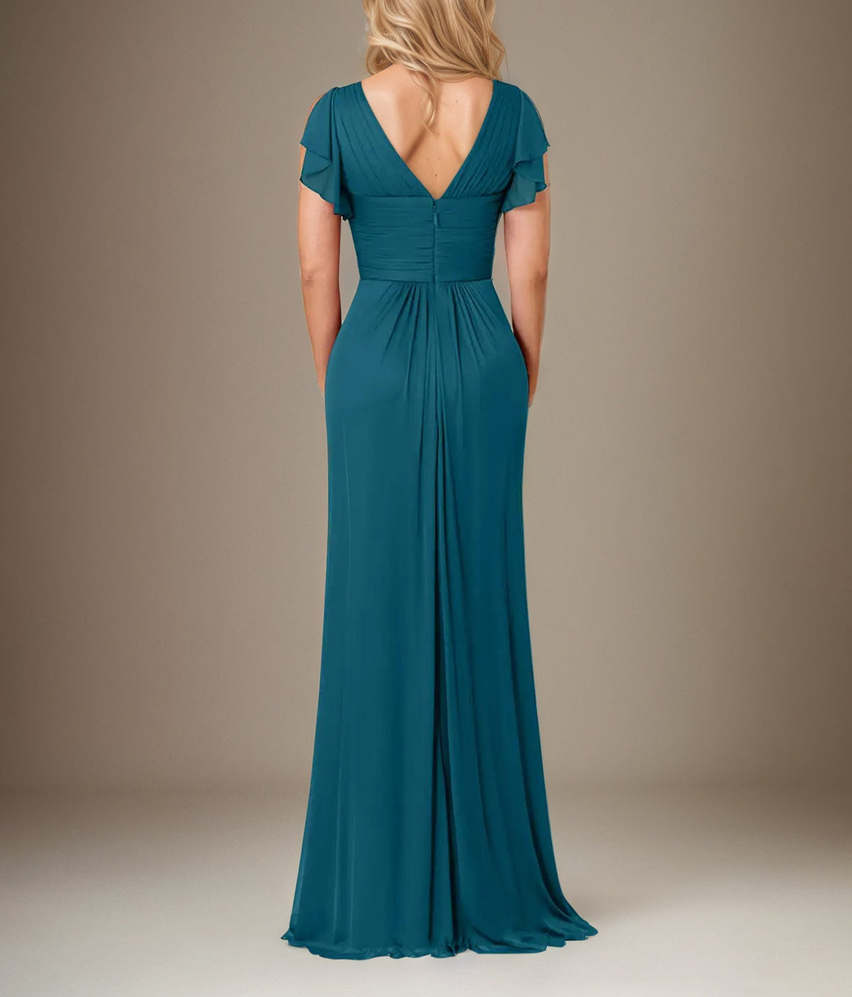 A Line Chiffon V Neck Short Sleeves Floor Length Mother of the Bride Dresses With Ruffles