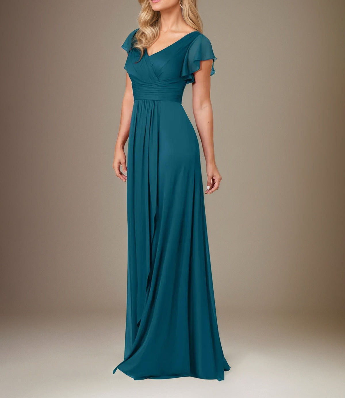 A Line Chiffon V Neck Short Sleeves Floor Length Mother of the Bride Dresses With Ruffles