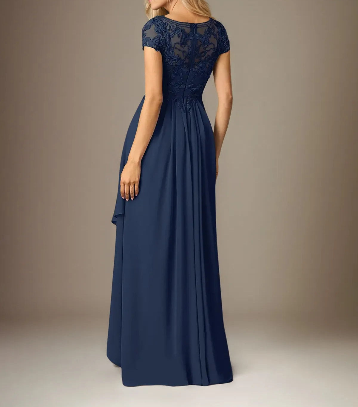 A Line Chiffon Scoop Neck Short Sleeves Floor Length Pleated Mother of the Bride Dresses With Appliques