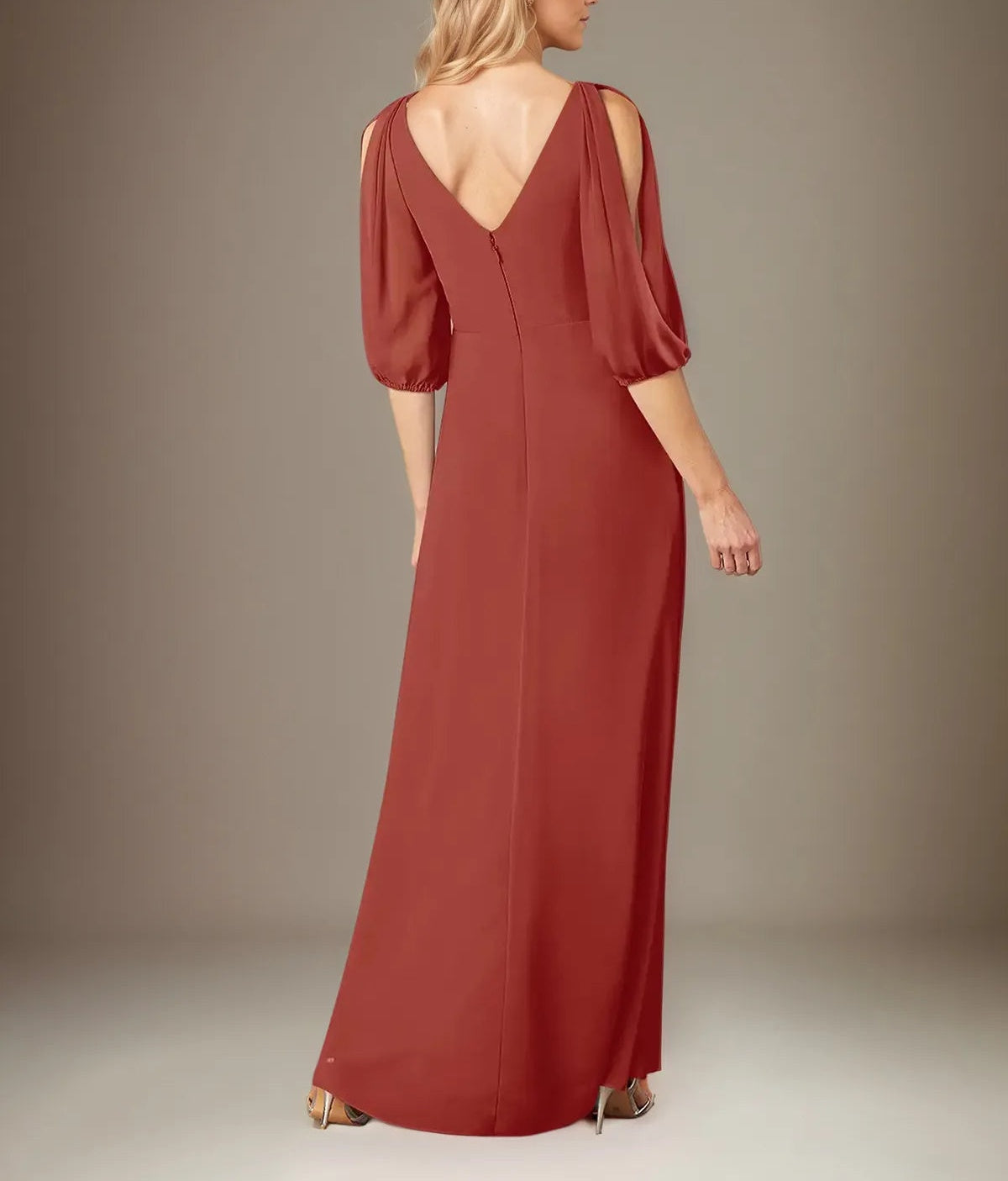 A Line Chiffon V Neck 1/2 Sleeves Floor Length Pleated Mother of the Bride Dresses