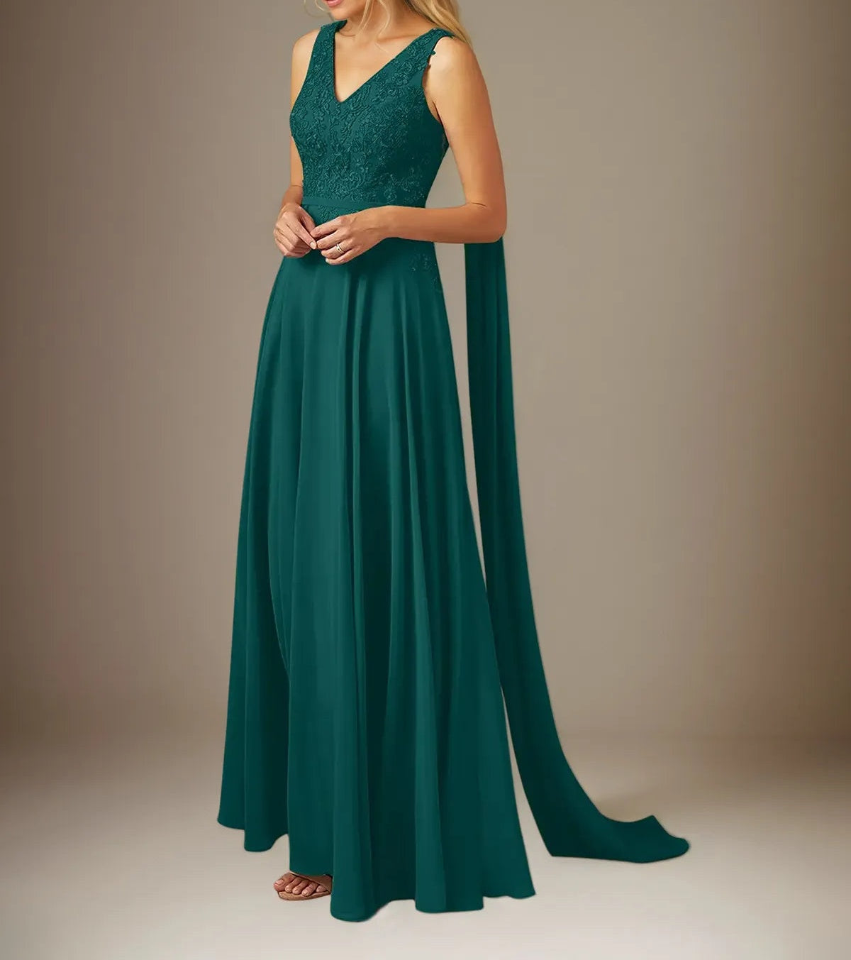 A Line Chiffon V Neck Sleeveless Floor Length Pleated Mother of the Bride Dresses With Appliques