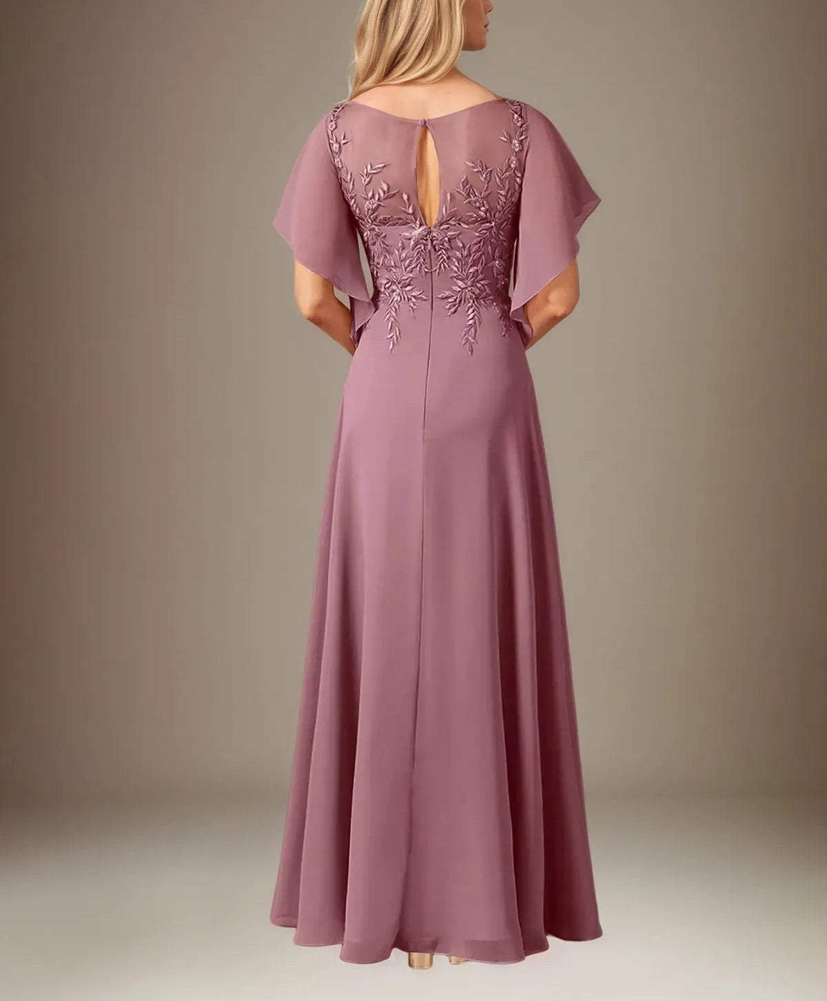 A Line Chiffon Boat Neck Short Sleeves Floor Length Pleated Mother of the Bride Dresses With Appliques