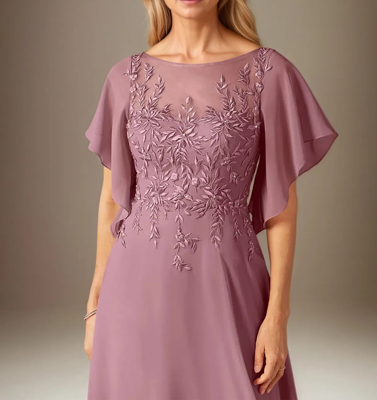 A Line Chiffon Boat Neck Short Sleeves Floor Length Pleated Mother of the Bride Dresses With Appliques