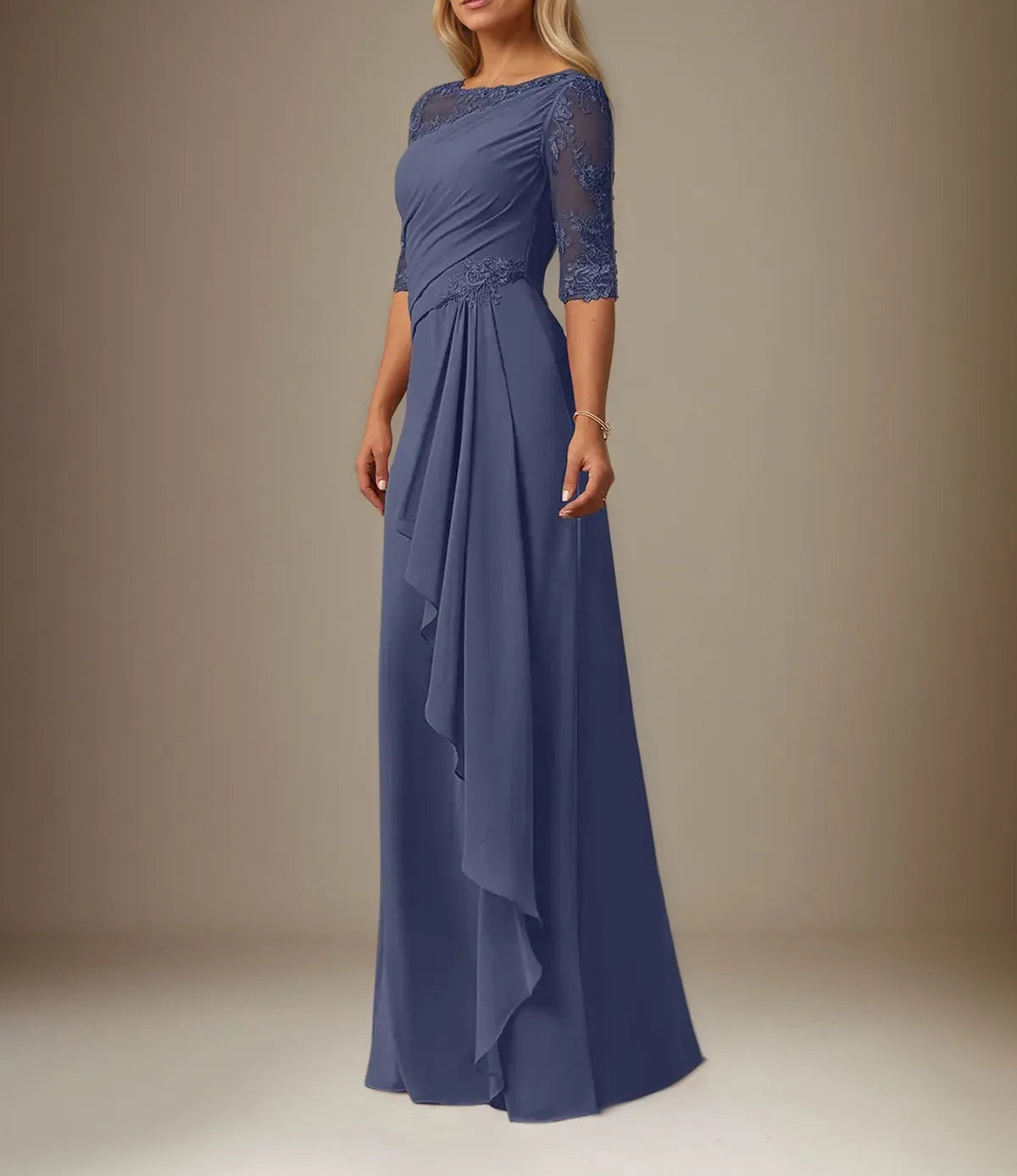 A Line Chiffon Boat Neck 1/2 Sleeves Floor Length Pleated Mother of the Bride Dresses With Appliques