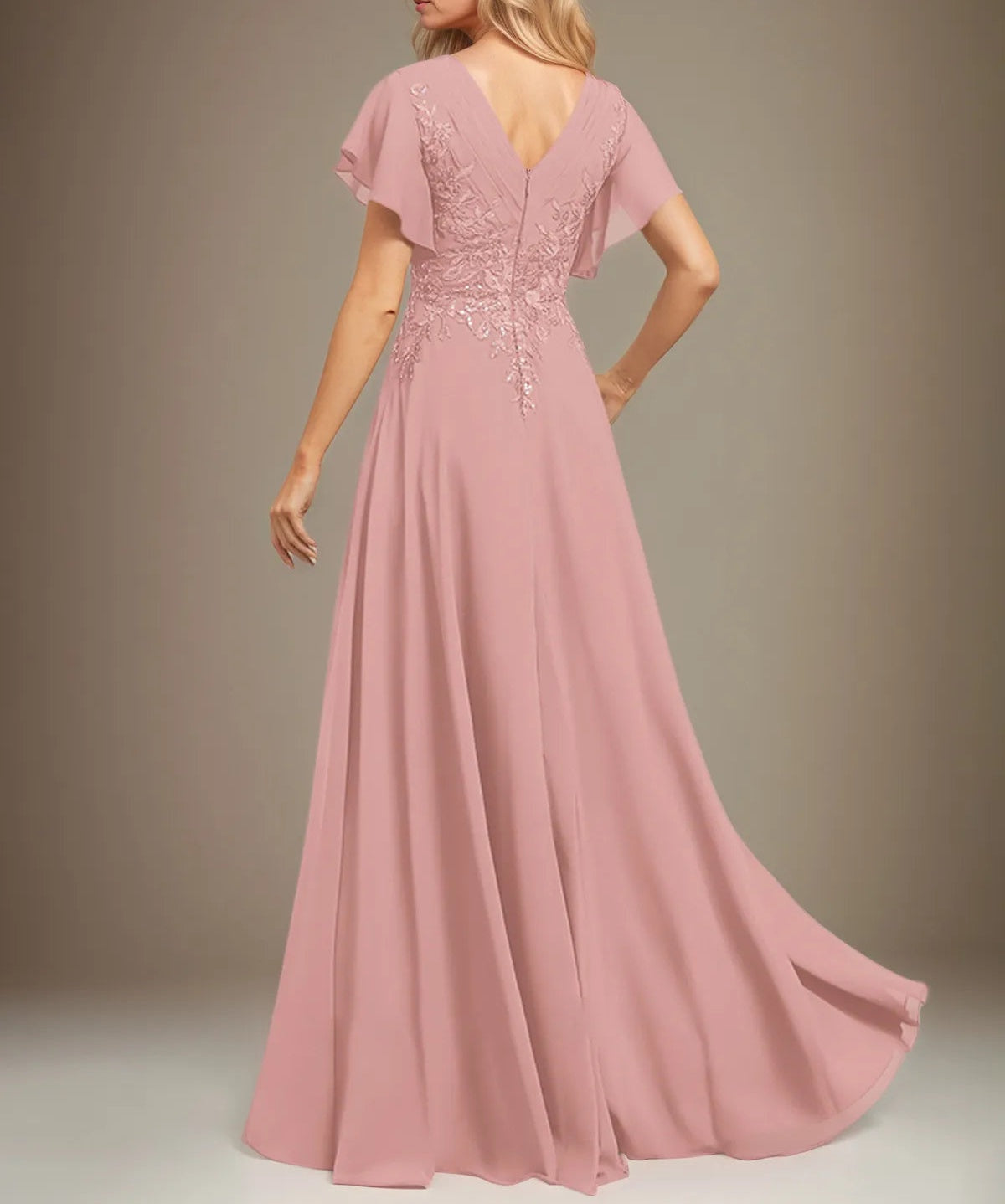 A Line V Neck Floor Length Lace Chiffon Evening Dress With Pleated Sequins