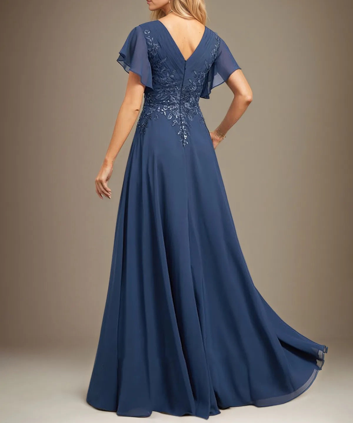 A Line V Neck Floor Length Lace Chiffon Evening Dress With Pleated Sequins