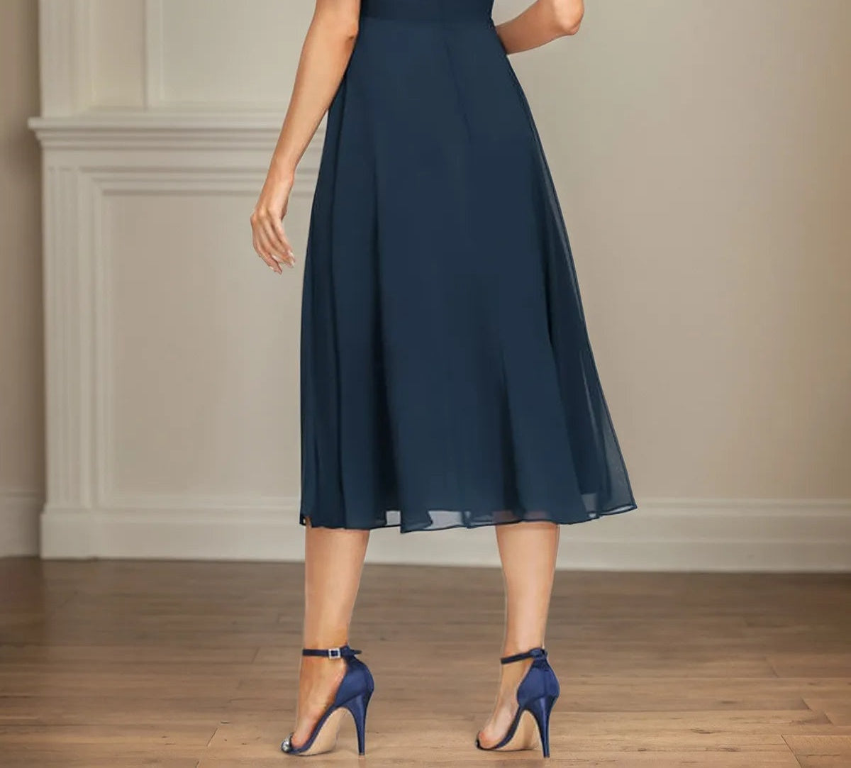 A Line V-Neck Tea Length Chiffon Dress With Cascading Ruffles