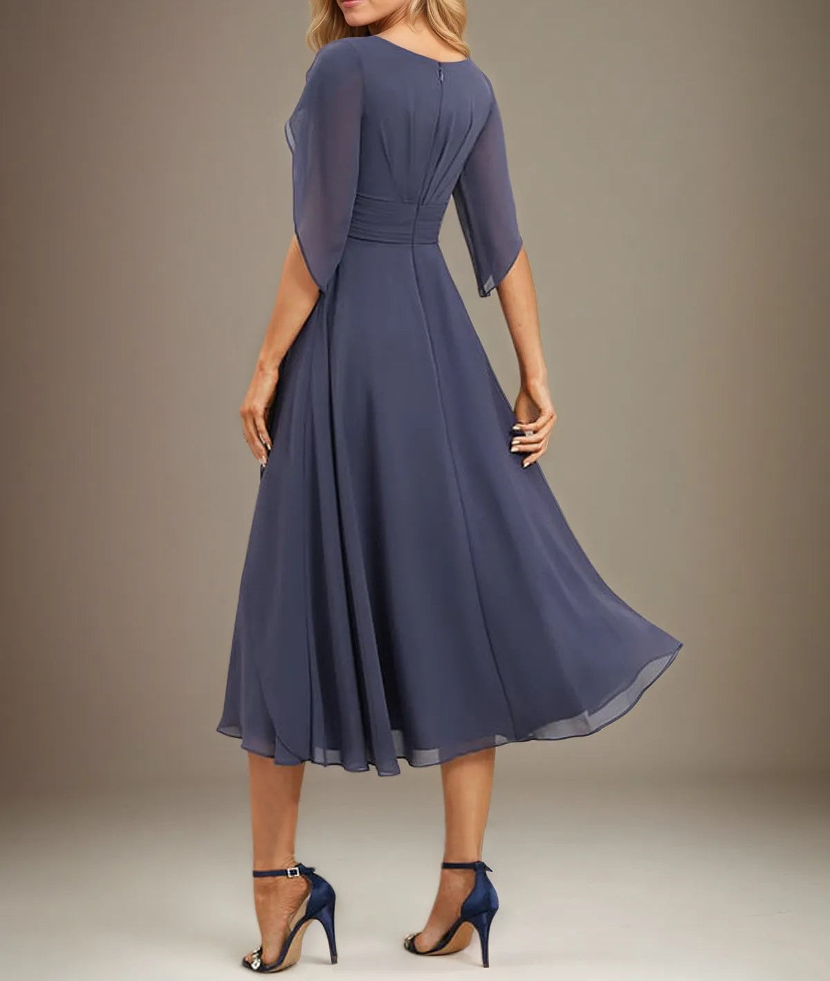 A Line V-Neck Tea-Length Chiffon Mother Of Bride Dresses With Pleated