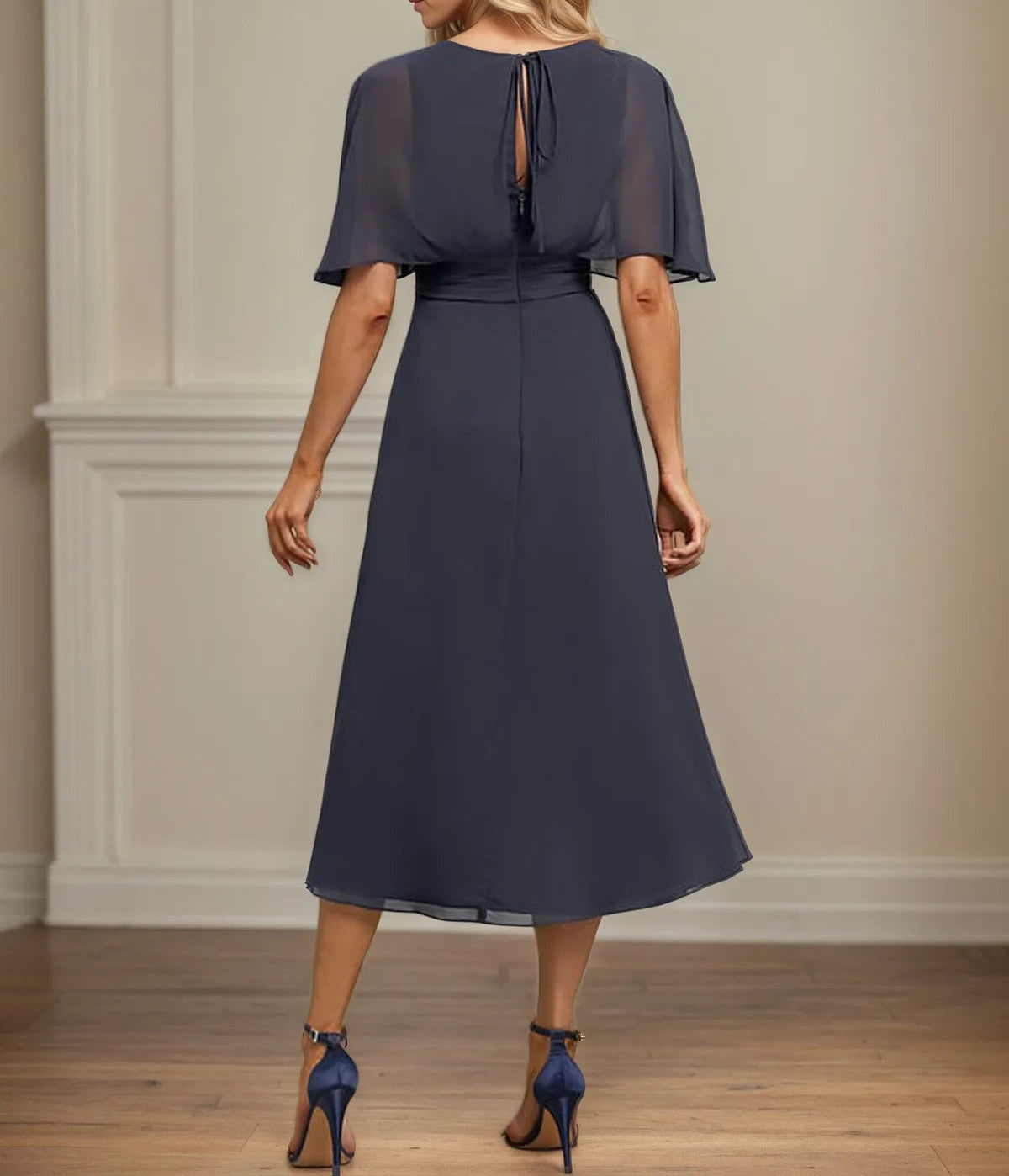 A Line V-Neck Tea-Length Chiffon Dress With Pleated