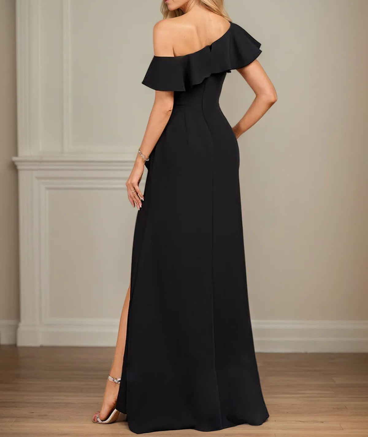 Sheath/Column One Shoulder Floor-Length Stretch Crepe Dress With Cascading Ruffles