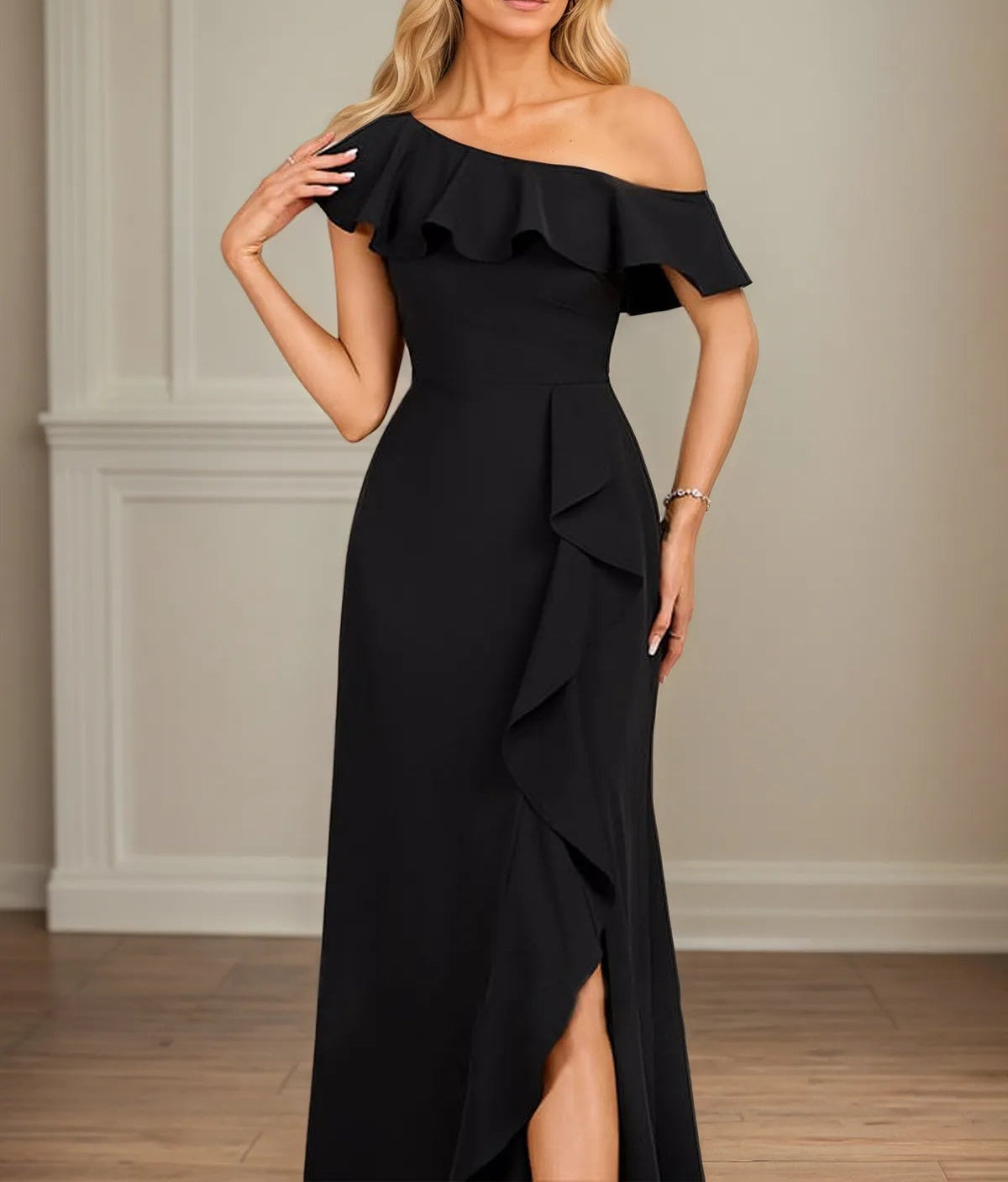 Sheath/Column One Shoulder Floor-Length Stretch Crepe Dress With Cascading Ruffles
