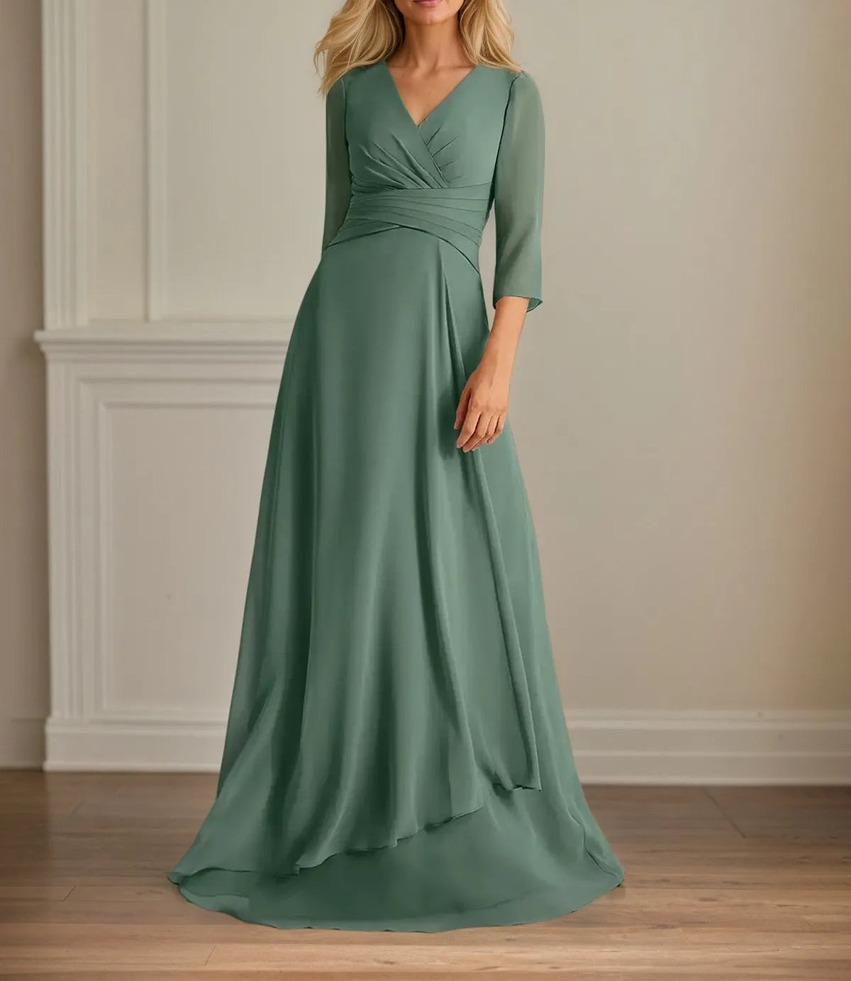 A Line V Neck 3/4 Sleeves Floor-Length Chiffon Dress With Pleated