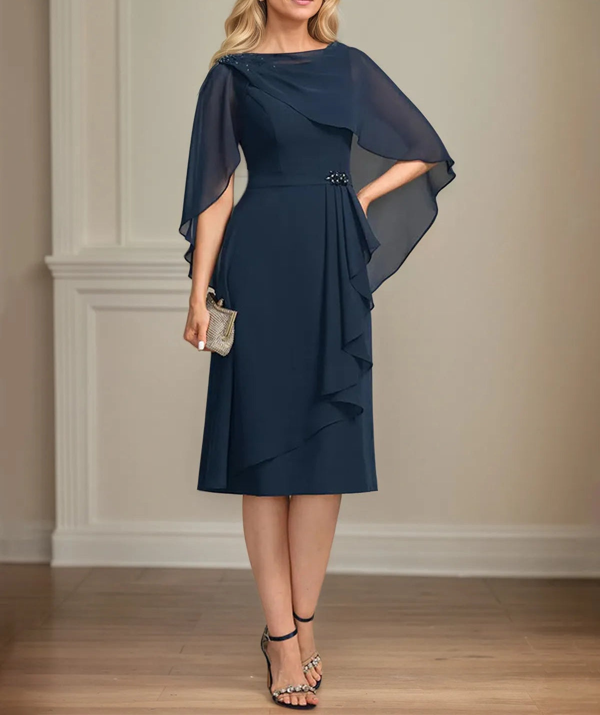 Sheath/Column Scoop Knee-Length Chiffon Mother of the Bride Dress With Cascading Ruffles Beading