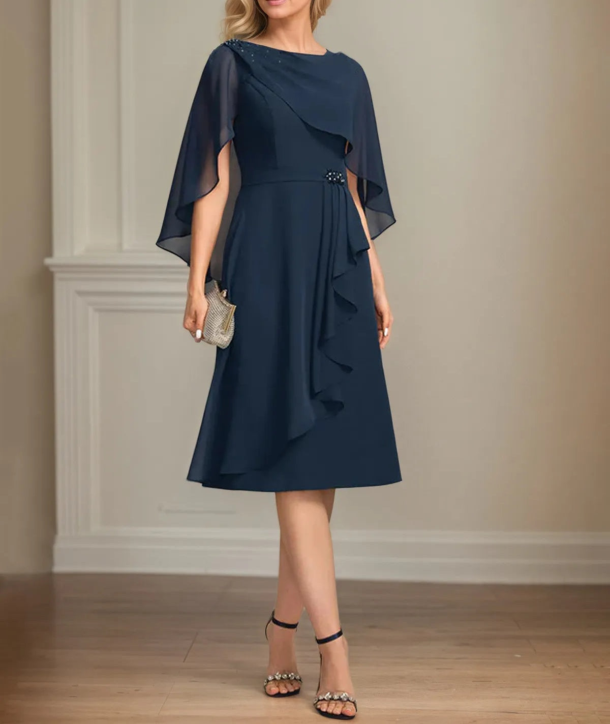 Sheath/Column Scoop Knee-Length Chiffon Mother of the Bride Dress With Cascading Ruffles Beading