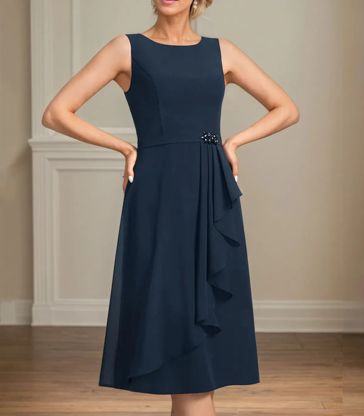 Sheath/Column Scoop Knee-Length Chiffon Mother of the Bride Dress With Cascading Ruffles Beading