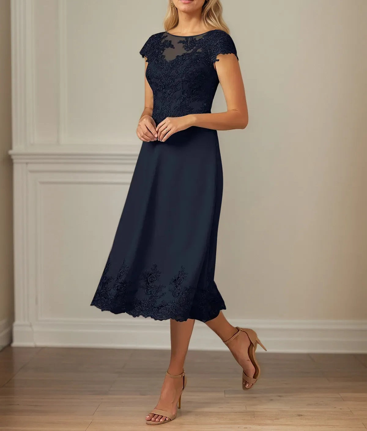 A Line Scoop Neck Cap Sleeves Ankle Length Chiffon Mother of the Bride Dress
