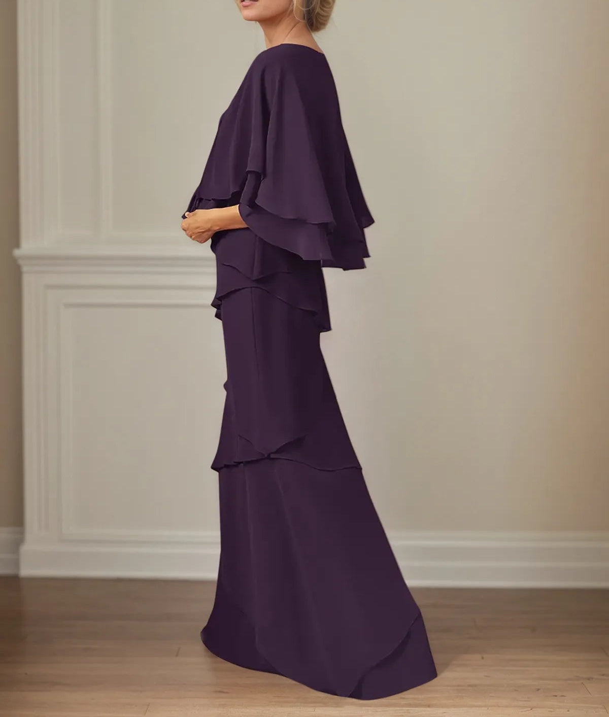 A Line V Neck Flutter Sleeve Floor Length Chiffon Mother of the Bride Dress