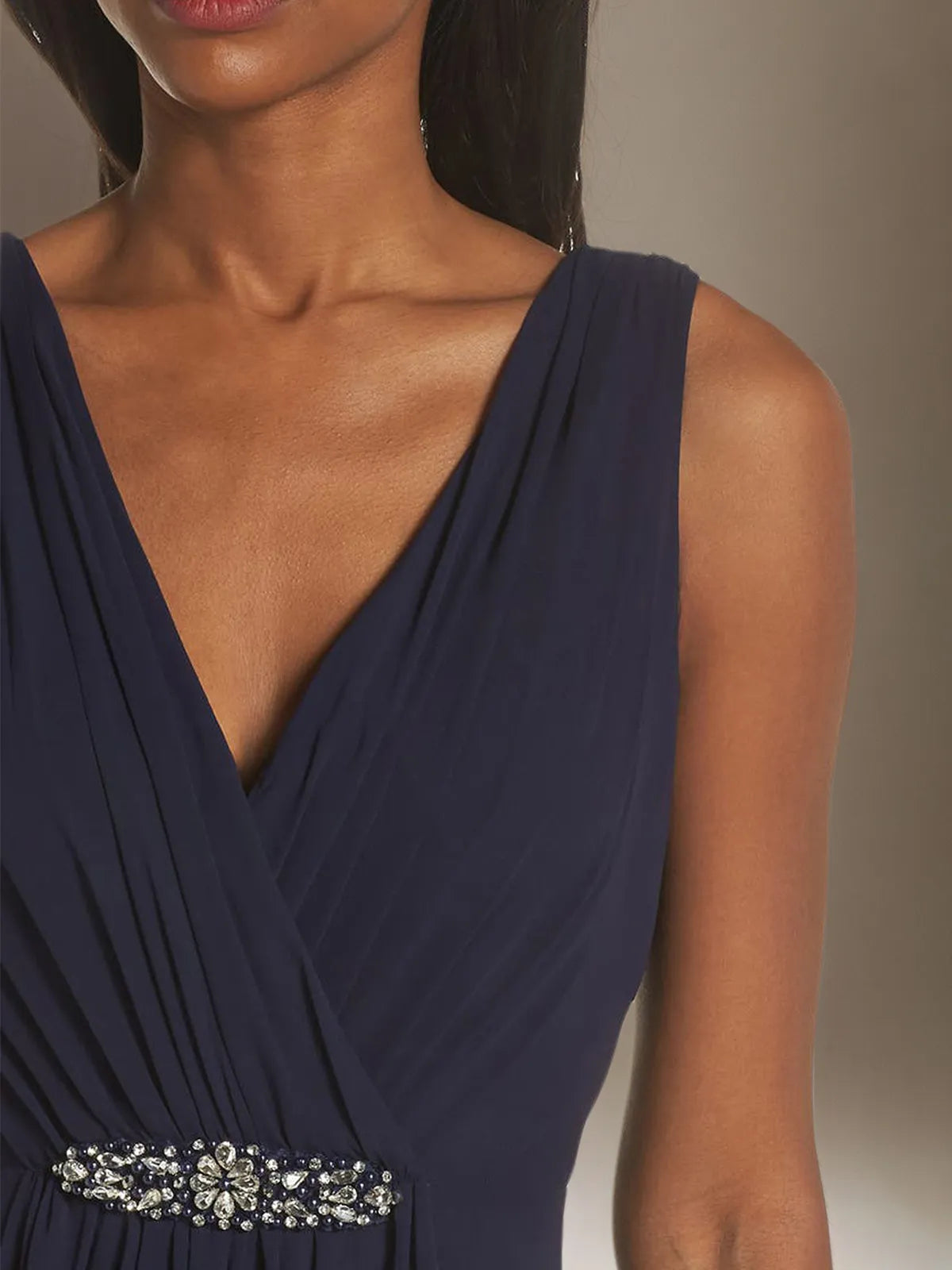 A Line Chiffon V Neck Sleeveless Asymmetrical Dress With Rhinestones