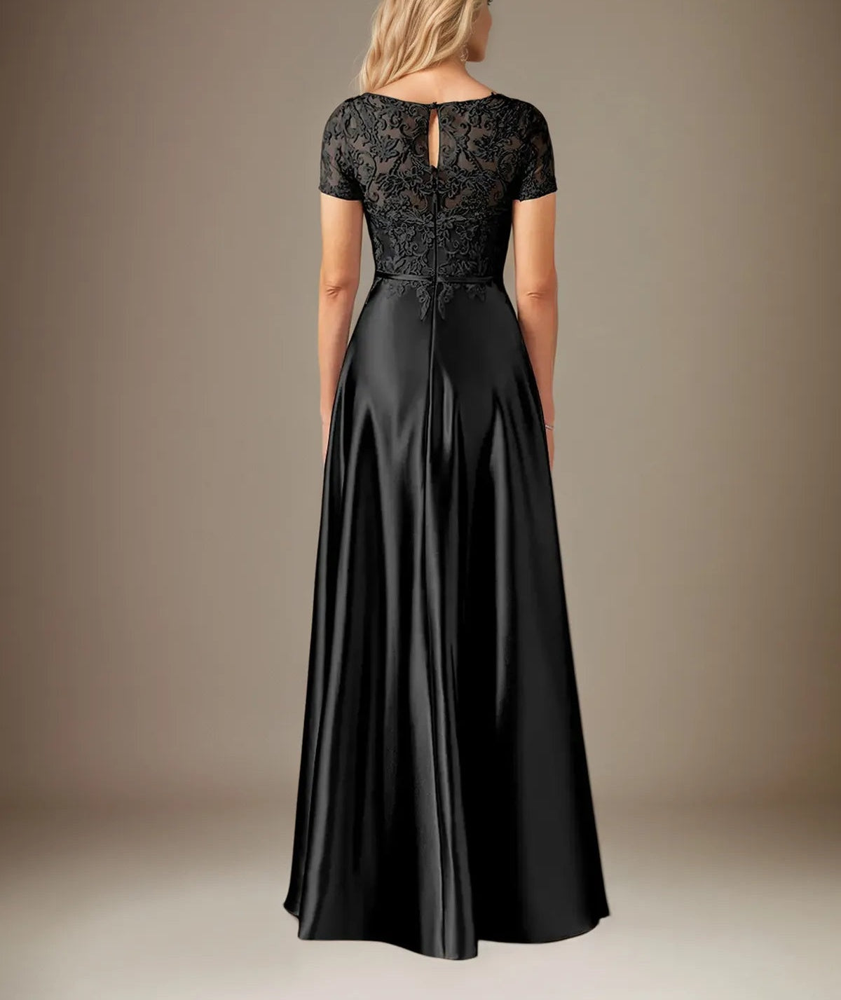 A Line Satin Scoop Neck Short Sleeves Floor Length Dress With Appliques