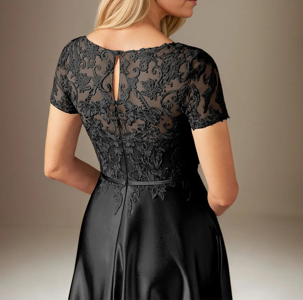 A Line Satin Scoop Neck Short Sleeves Floor Length Dress With Appliques