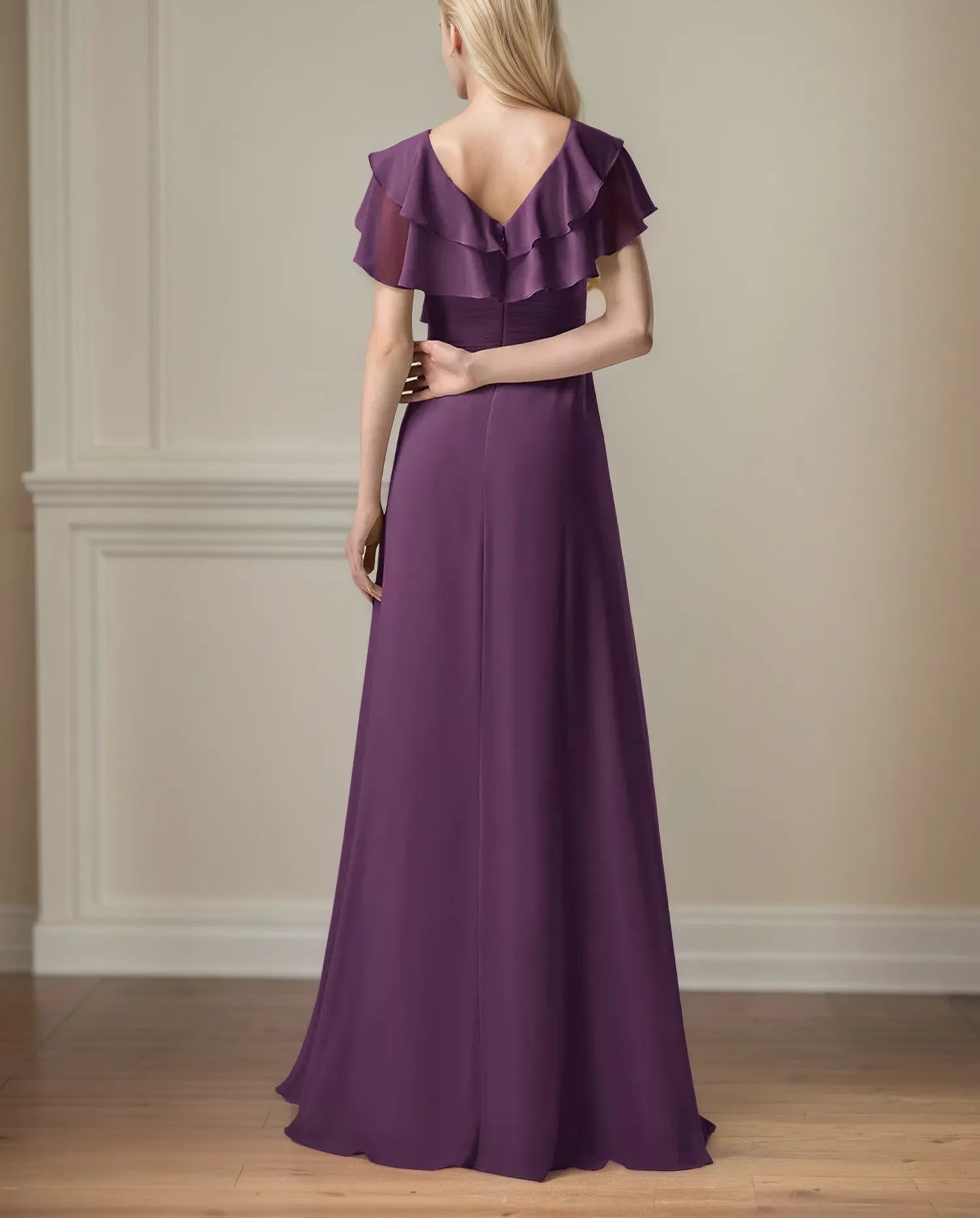 A Line Chiffon V Neck Ruffles Floor Length Mother of the Bride Dress
