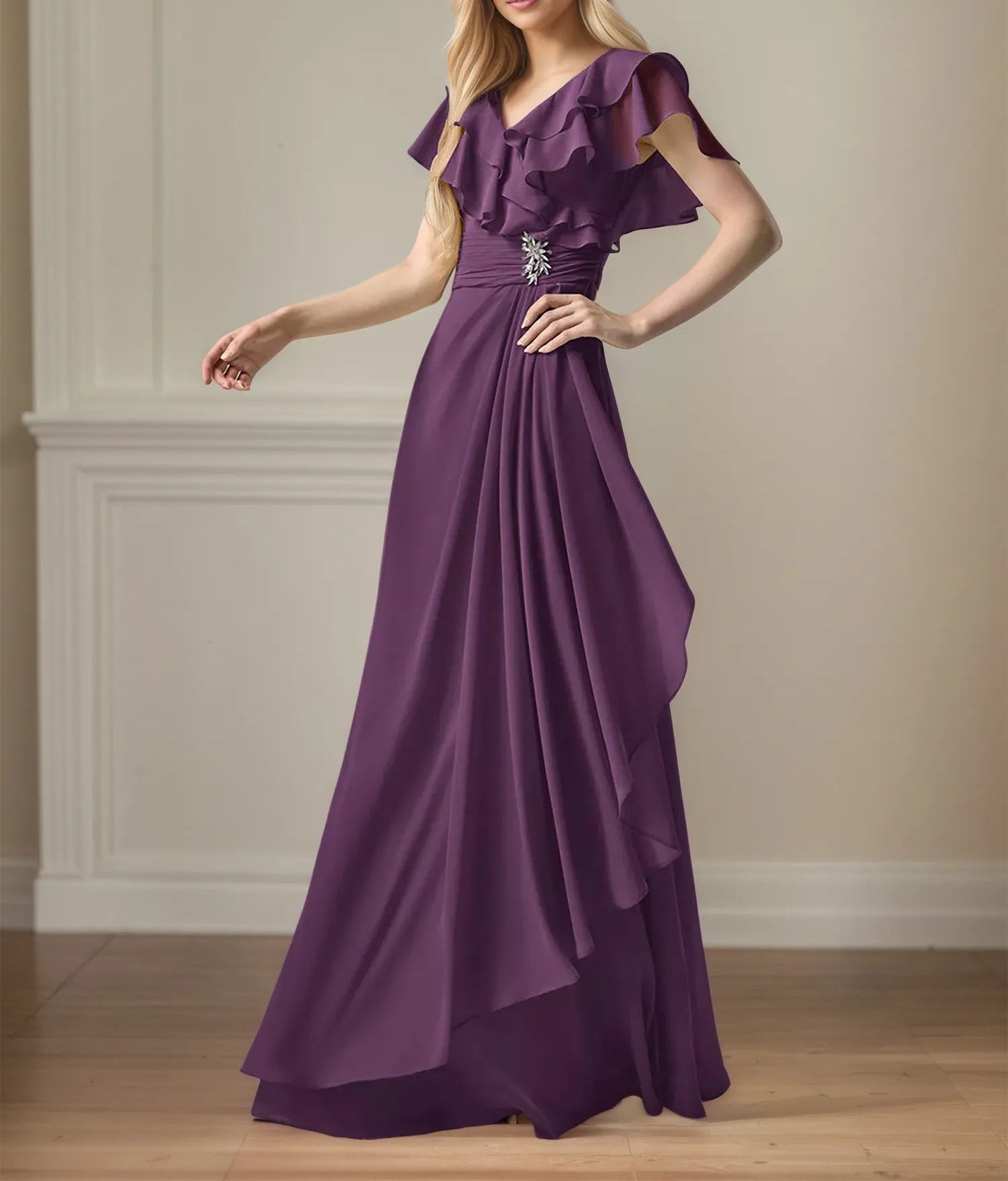 A Line Chiffon V Neck Ruffles Floor Length Mother of the Bride Dress