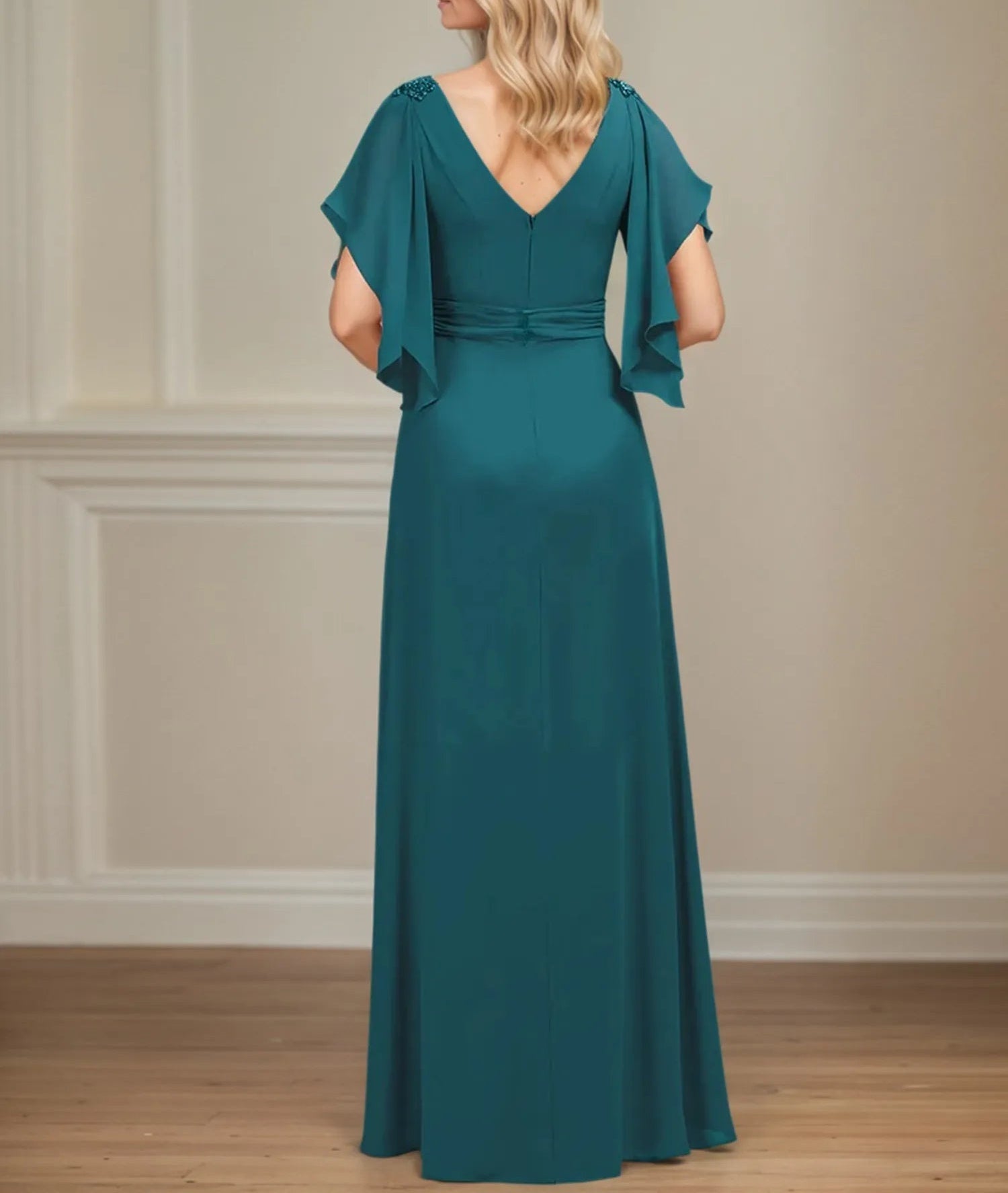 A Line V Neck Appliqued Floor Length Mother of the Bride Dress with Ruffles
