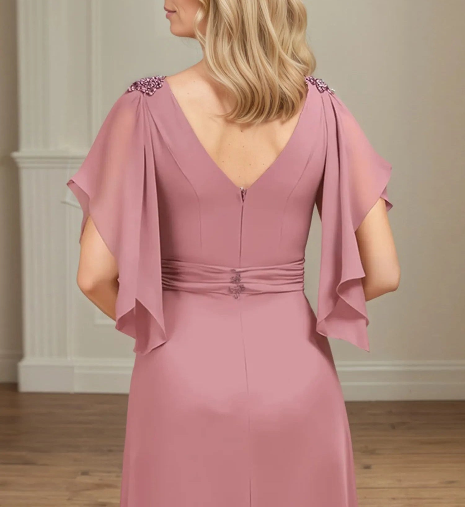 A Line V Neck Appliqued Floor Length Mother of the Bride Dress with Ruffles