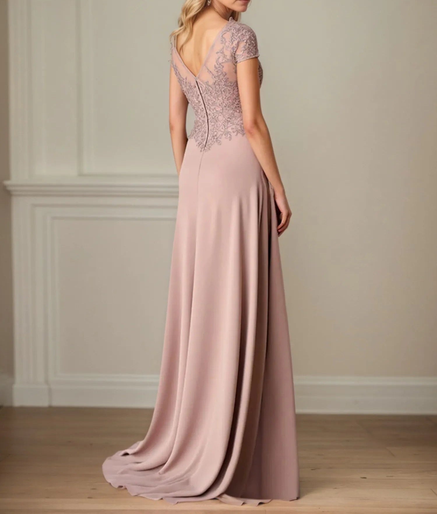 A Line Satin Short Sleeve Floor Length Mother of the Bride Dress with Lace