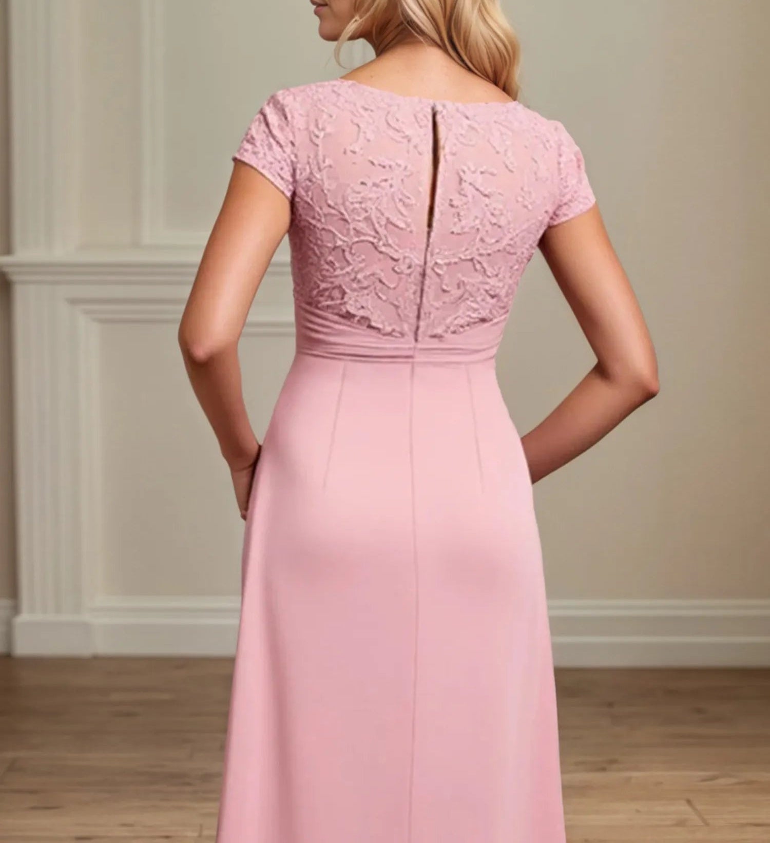 A Line Chiffon Scoop Ruched Mother of the Bride dress with Appliques