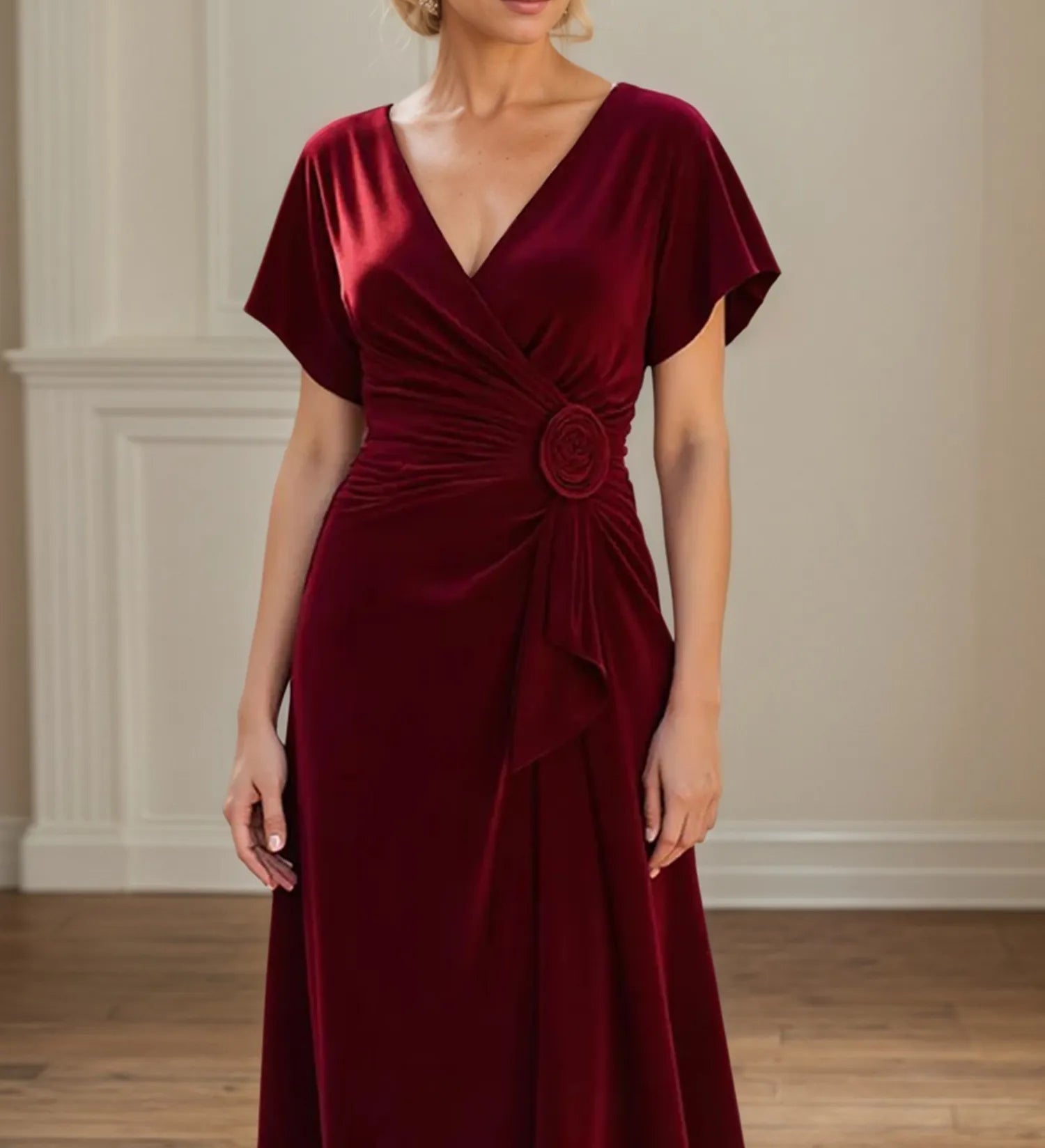A Line V Neck Ruched Floor Length Mother of the Bride Dress