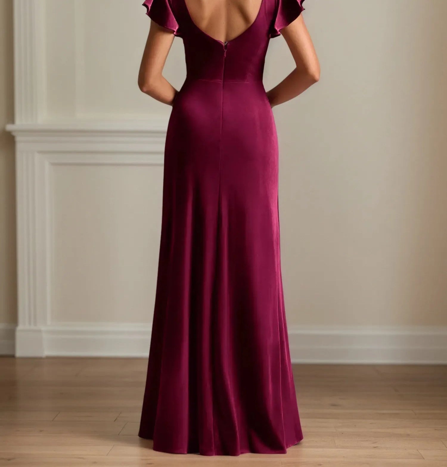 A Line V Neck Short Sleeve Velvet Mother of the Bride Dress With Ruffles