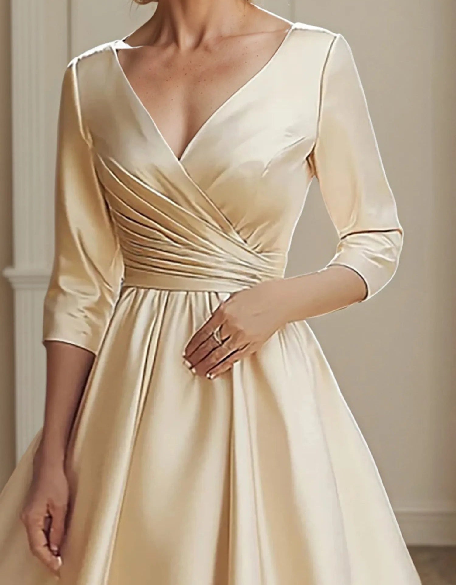A Line V Neck 3/4 Sleeve Satin Ruched Mother of the Bride Dress