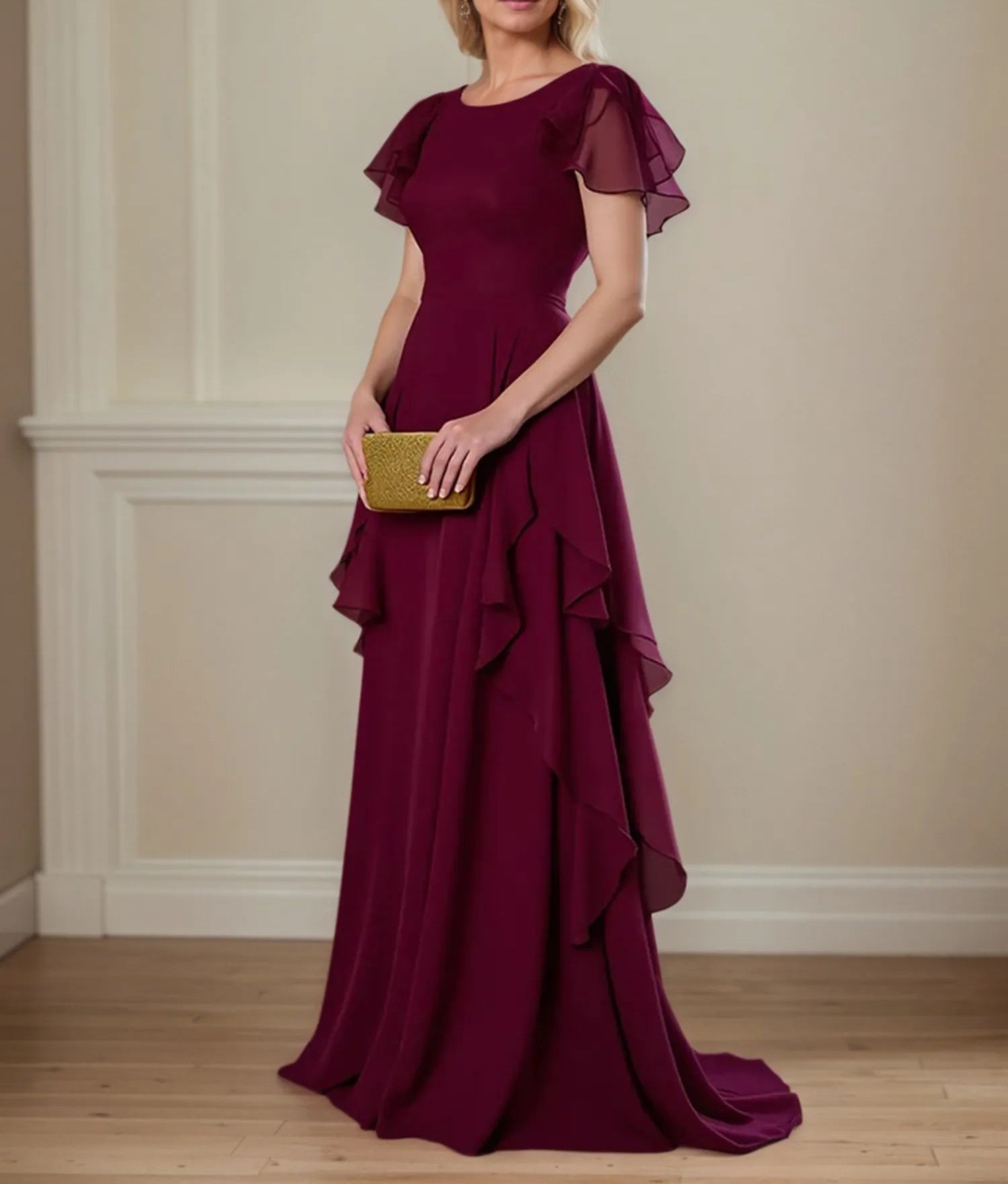 A Line Scoop Neck Short Sleeve Chiffon Mother of the Bride Dress With Ruffles