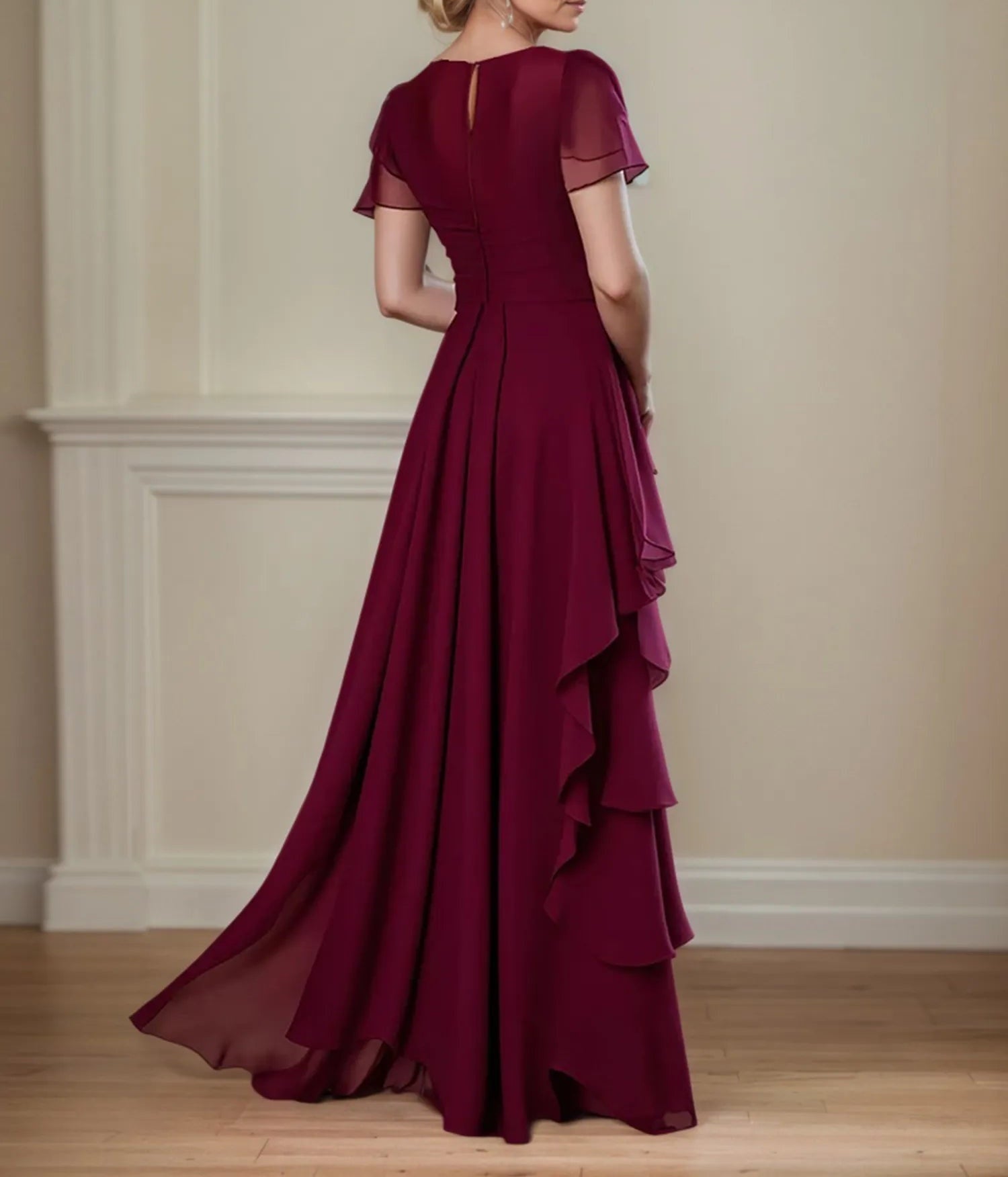 A Line Scoop Neck Short Sleeve Chiffon Mother of the Bride Dress With Ruffles