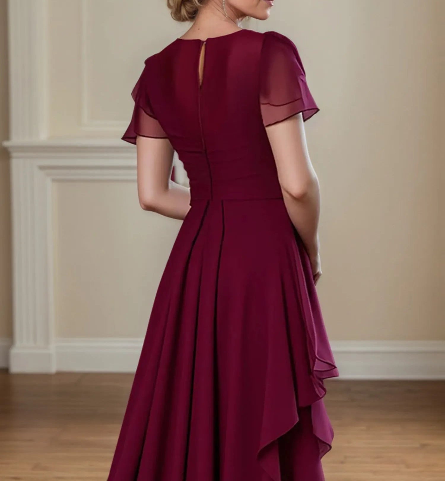 A Line Scoop Neck Short Sleeve Chiffon Mother of the Bride Dress With Ruffles