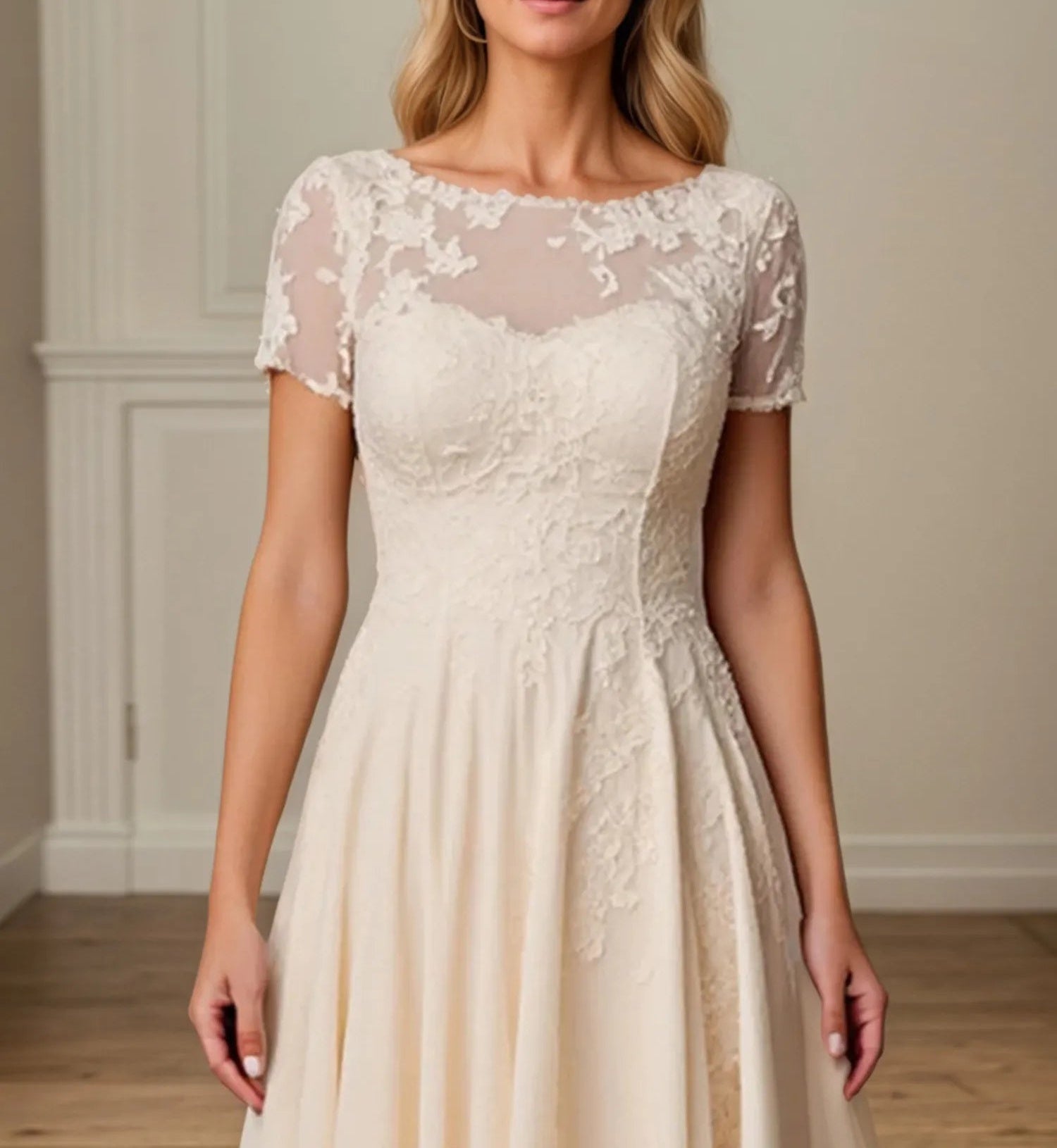 A Line Scoop Neck Short Sleeve Chiffon Mother of the Bride Dress