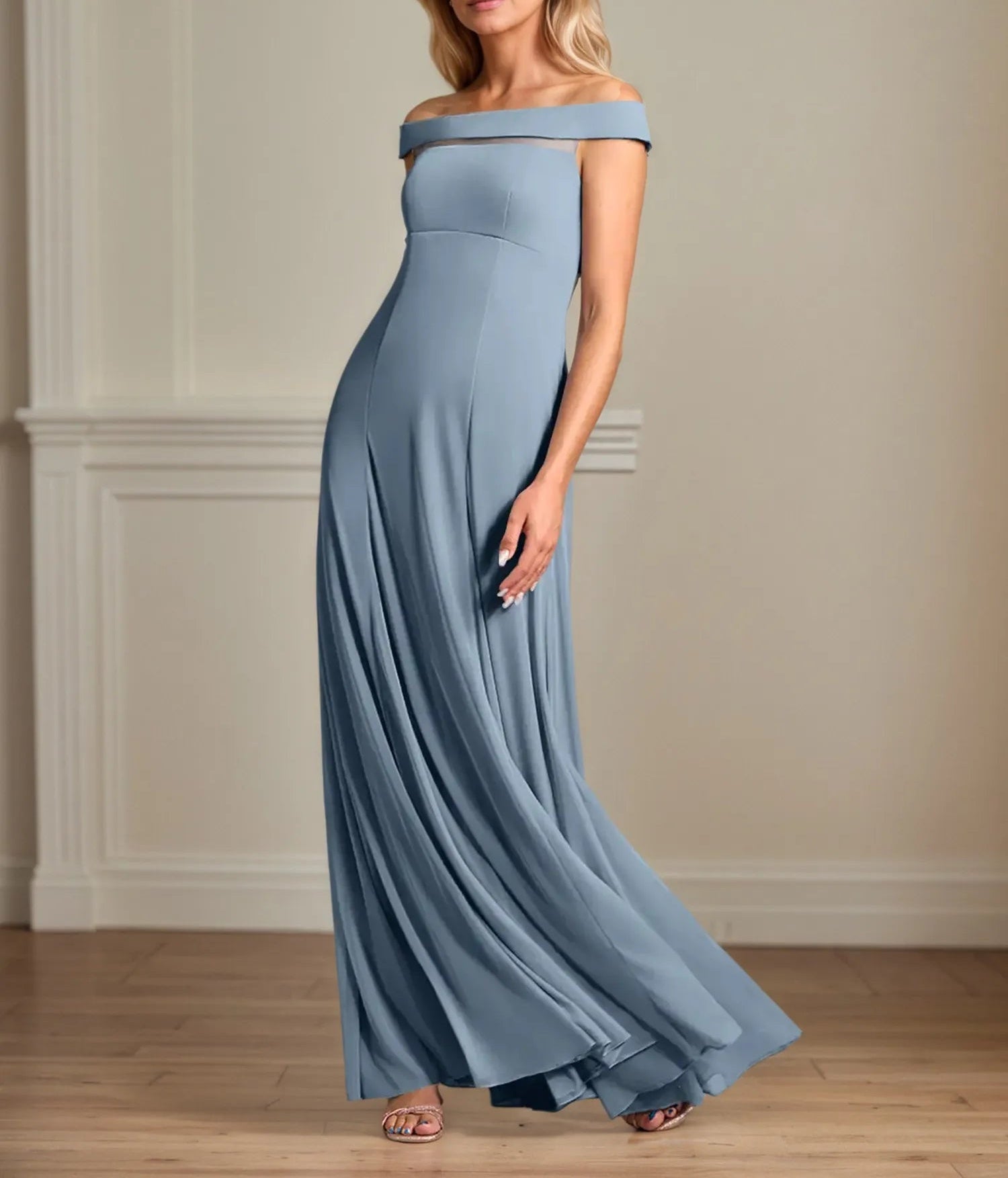 A Line Off the Shoulder Floor Length Chiffon Mother Of the Bride Dress With Pleated