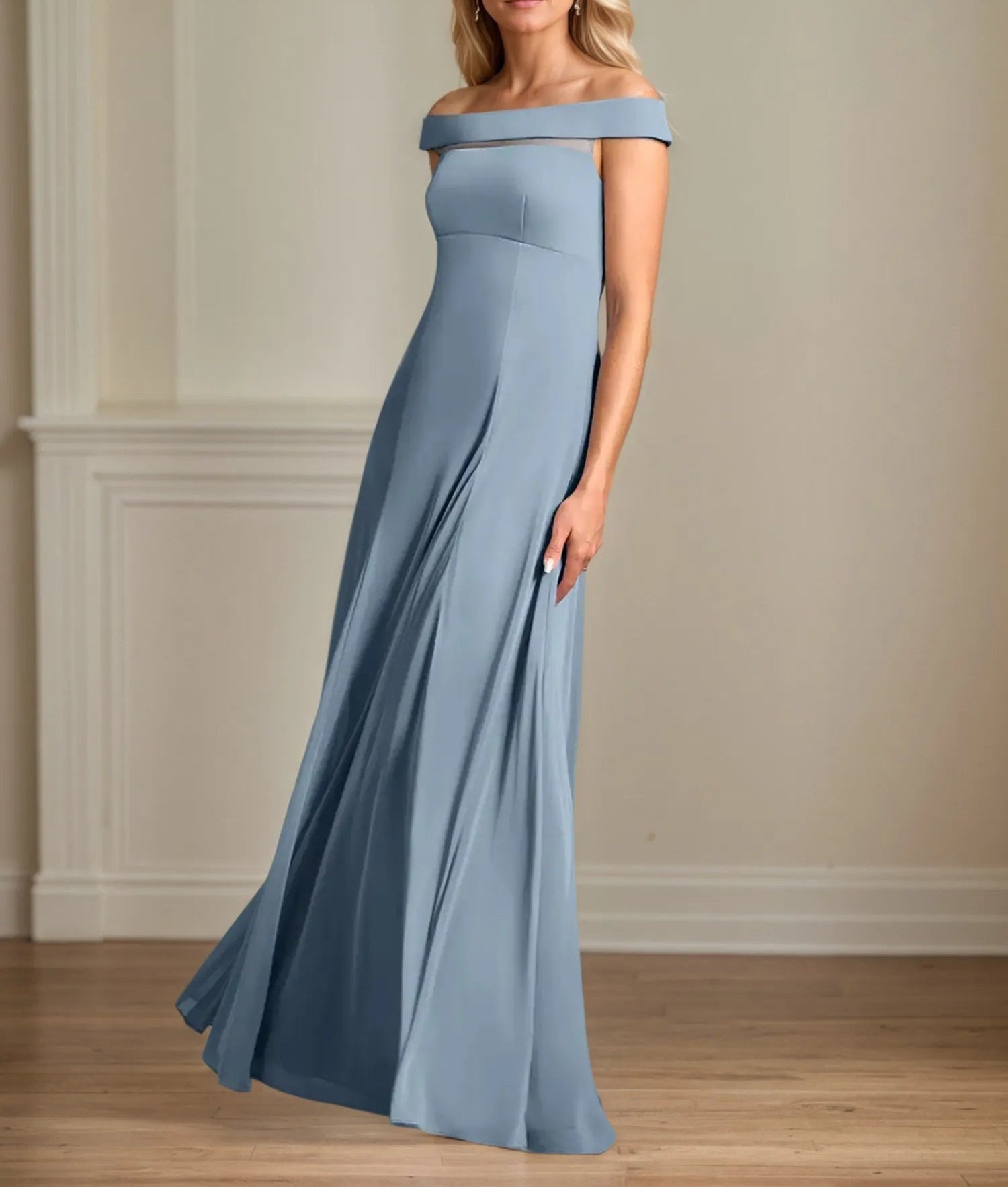 A Line Off the Shoulder Floor Length Chiffon Mother Of the Bride Dress With Pleated